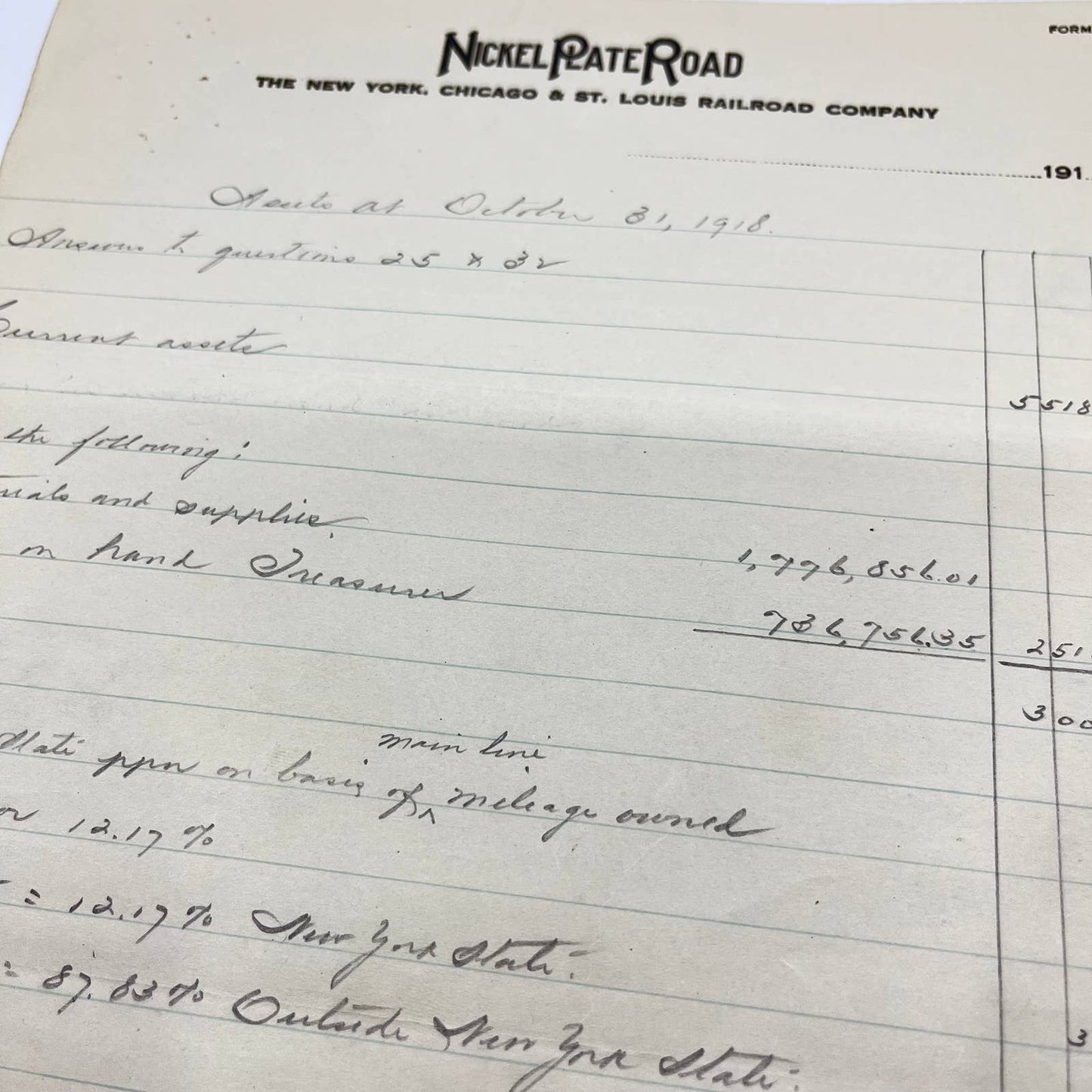 1918 New York, Chicago & St Louis Railroad Co. Nickel Plate Rd Ledger Sheet AA9