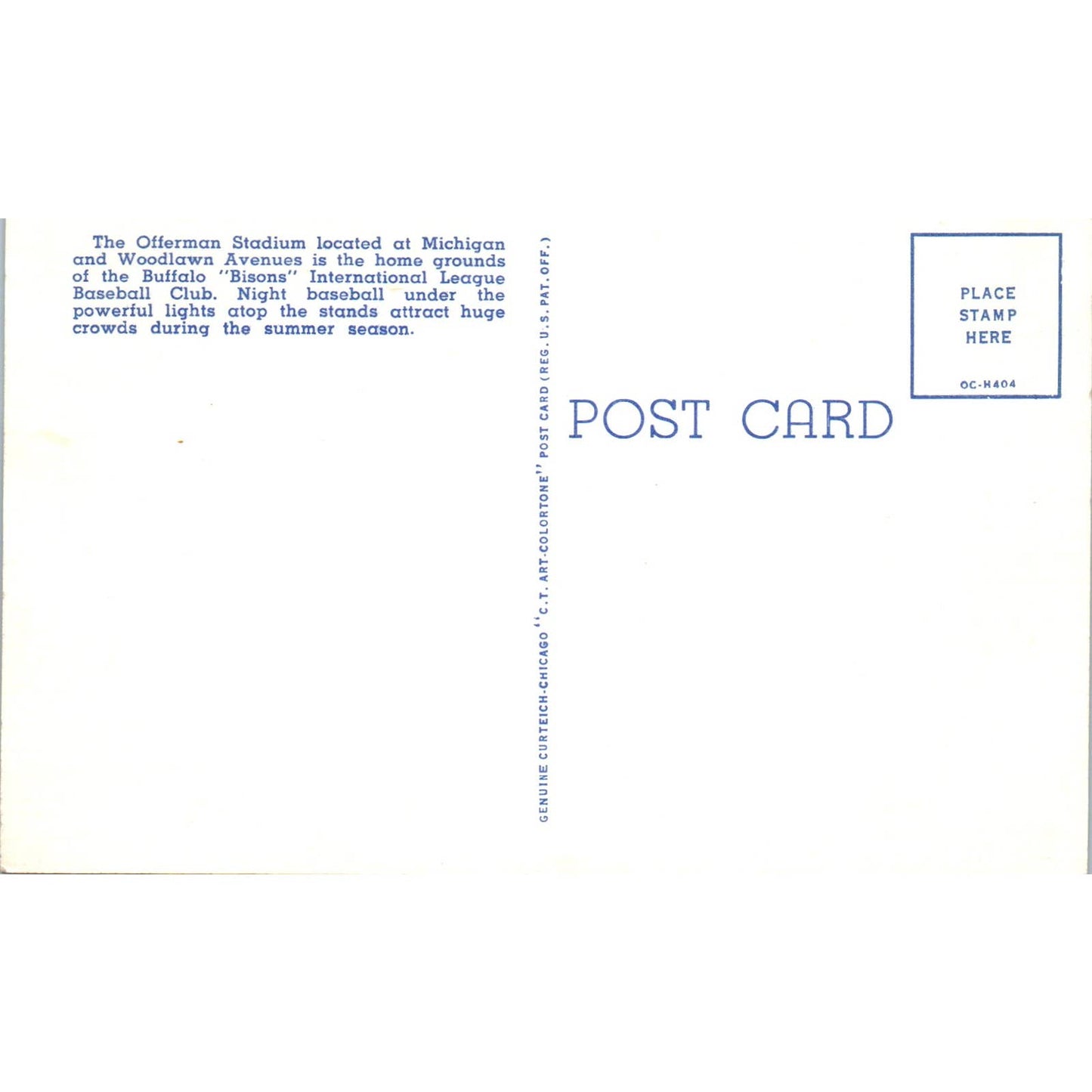 Offerman Stadium Buffalo NY Bison Original Postcard TK1-24