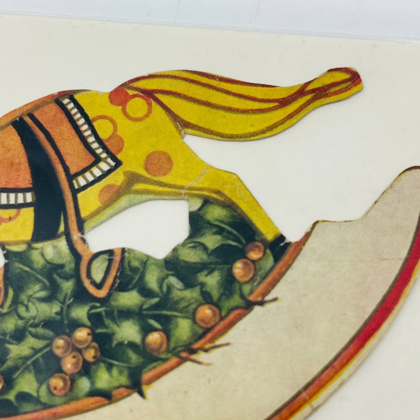 Antique Victorian Die Cut Merry Christmas Card Rocking Horse Holly Berries AA2