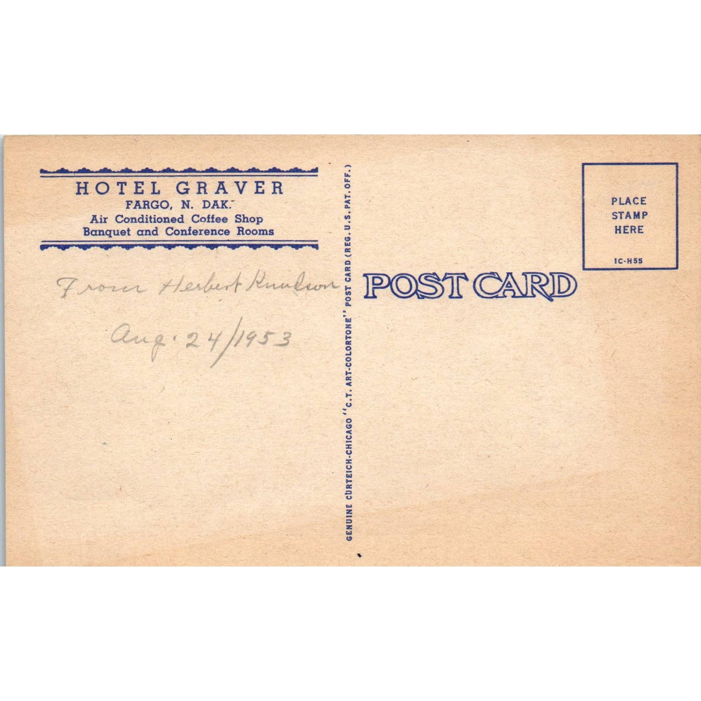 Hotel Graver Fargo North Dakota 1953 - Original Postcard TJ7-RP2