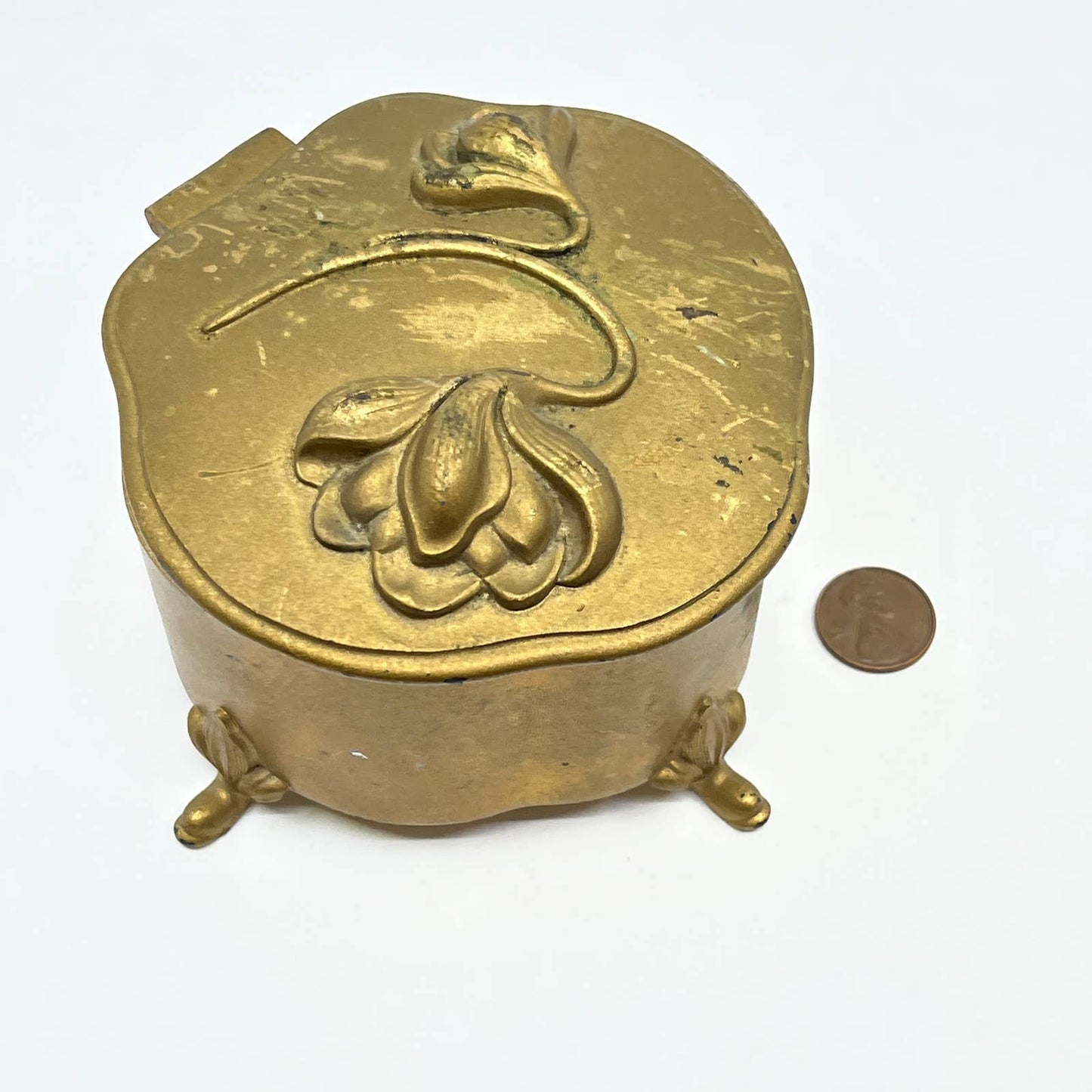 1904 Victor Gold Painted Silver Plate Footed Jewelry Trinket Box TF6