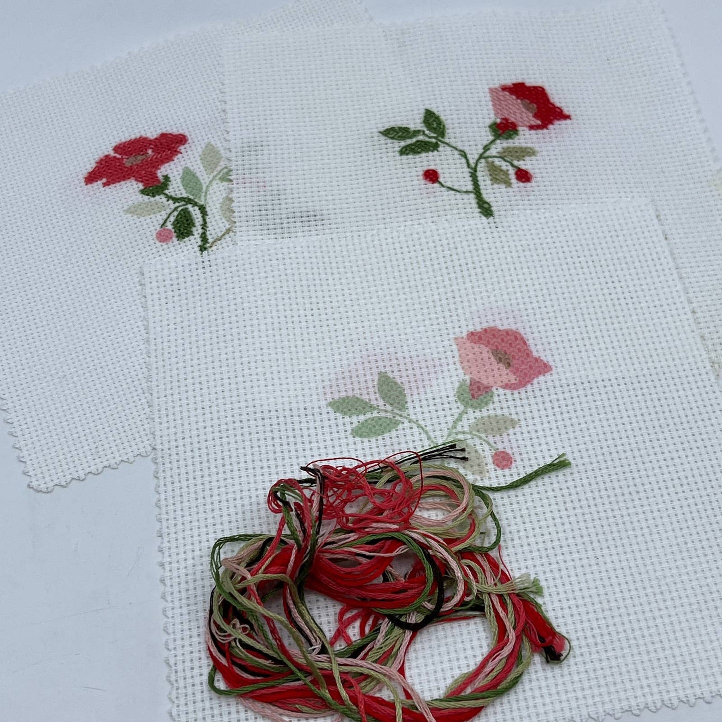 Vintage Cross Stitch Embroidery Rose Set of 2 Completed and 1 to Complete 7" TC1