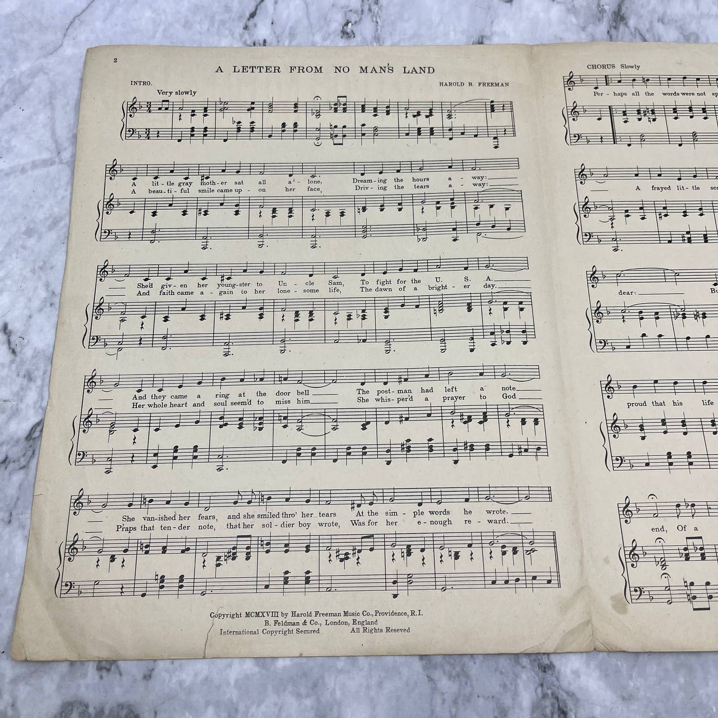 A Letter From No Man's Land WWI Harold B Freeman 1918 Sheet Music TK2-SM3