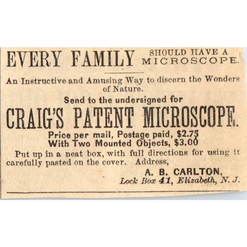 1870s Peterson's Ad - Craig's Patent Microscope A.B. Carlton Elizabeth NJ EA3