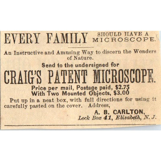 1870s Peterson's Ad - Craig's Patent Microscope A.B. Carlton Elizabeth NJ EA3
