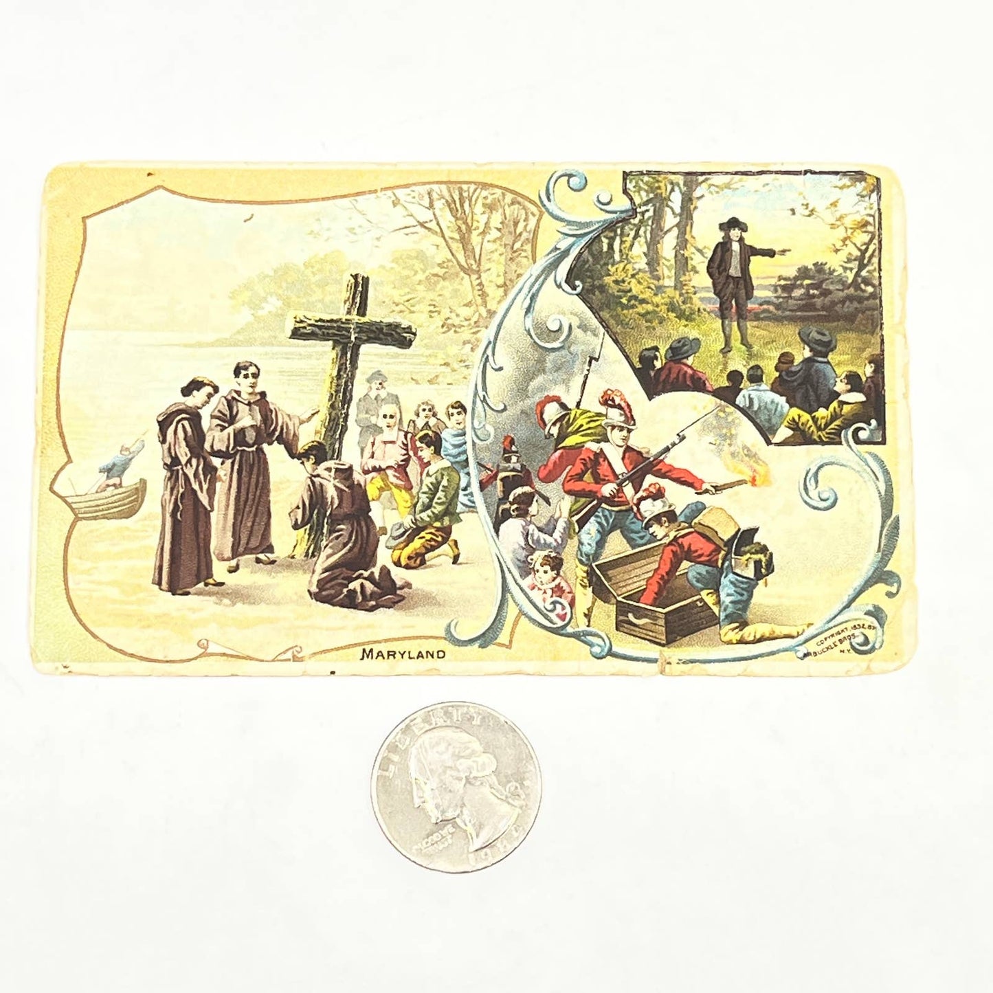 1892 Victorian Trade Card Arbuckle Coffee Maryland Colonial Settler Scenes AB6