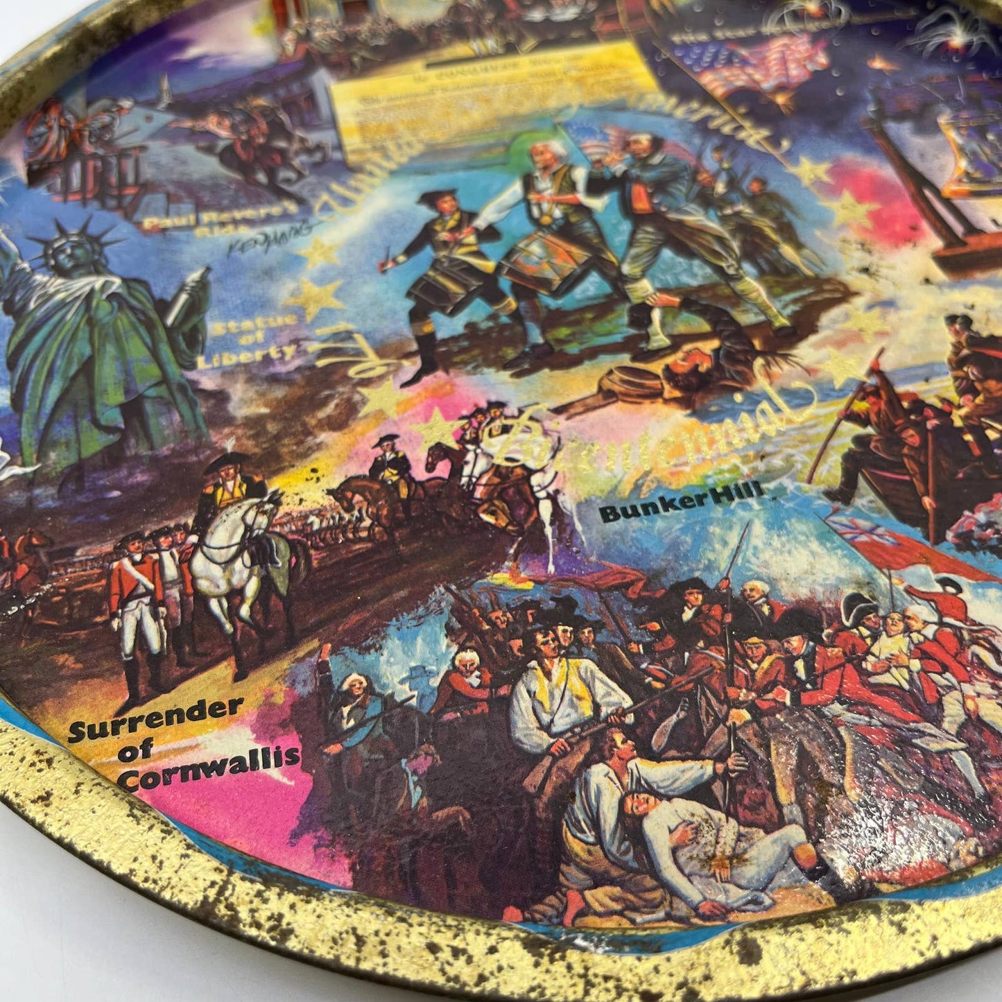 Vintage Black & Gold Metal State Souvenir Plate Tray US Bicentennial 11” TH2-1