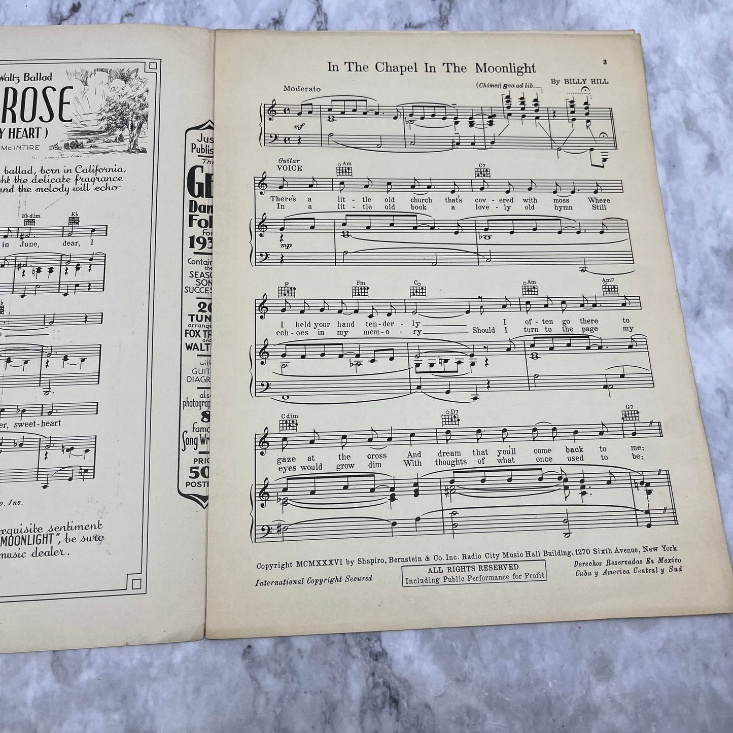 Sheet Music 1936 In The Chapel In the Moonlight Billy Hill Ozzie Nelson V39-3