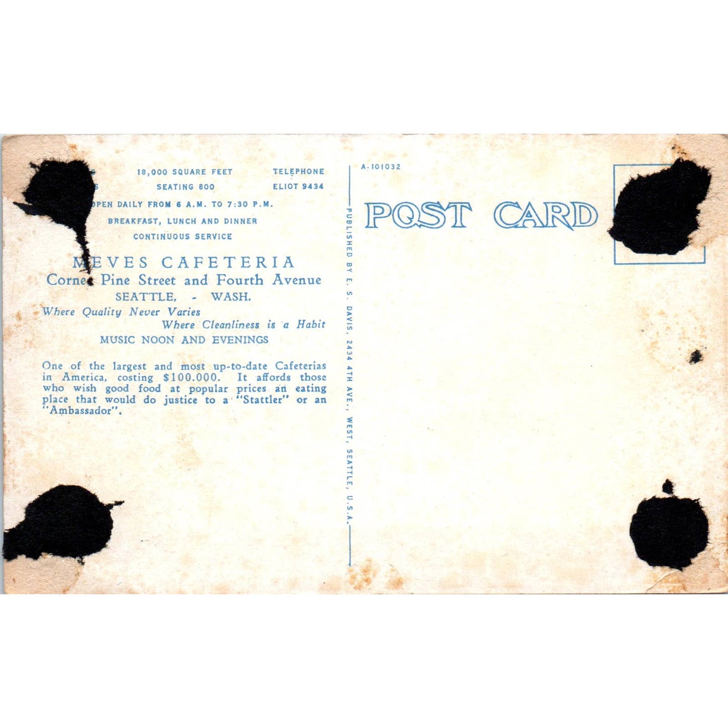 Antique Postcard Meves Cafeteria Interior Pine St. Seattle Washington TD9-W2