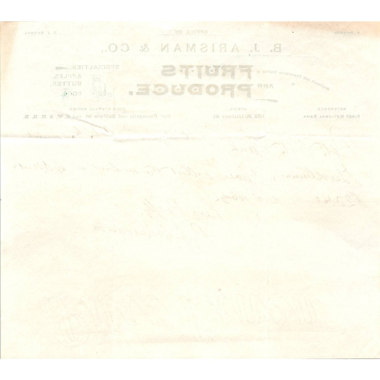 1892 B.J. Arisman & Co Fruits and Produce Letterhead Billhead Elkhart IN AD8