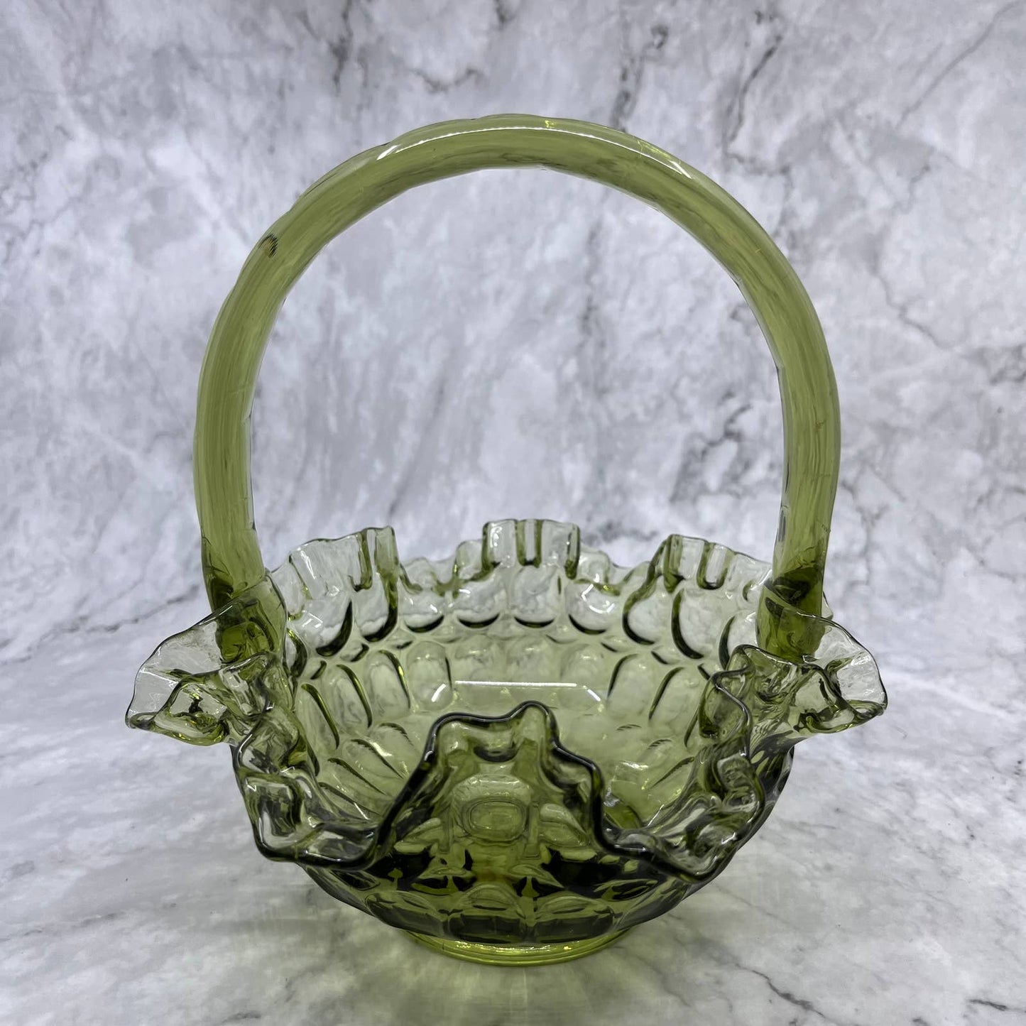 Vintage FENTON Colonial Green Glass 8" Basket Ruffled Edge Thumbprint Design TA2