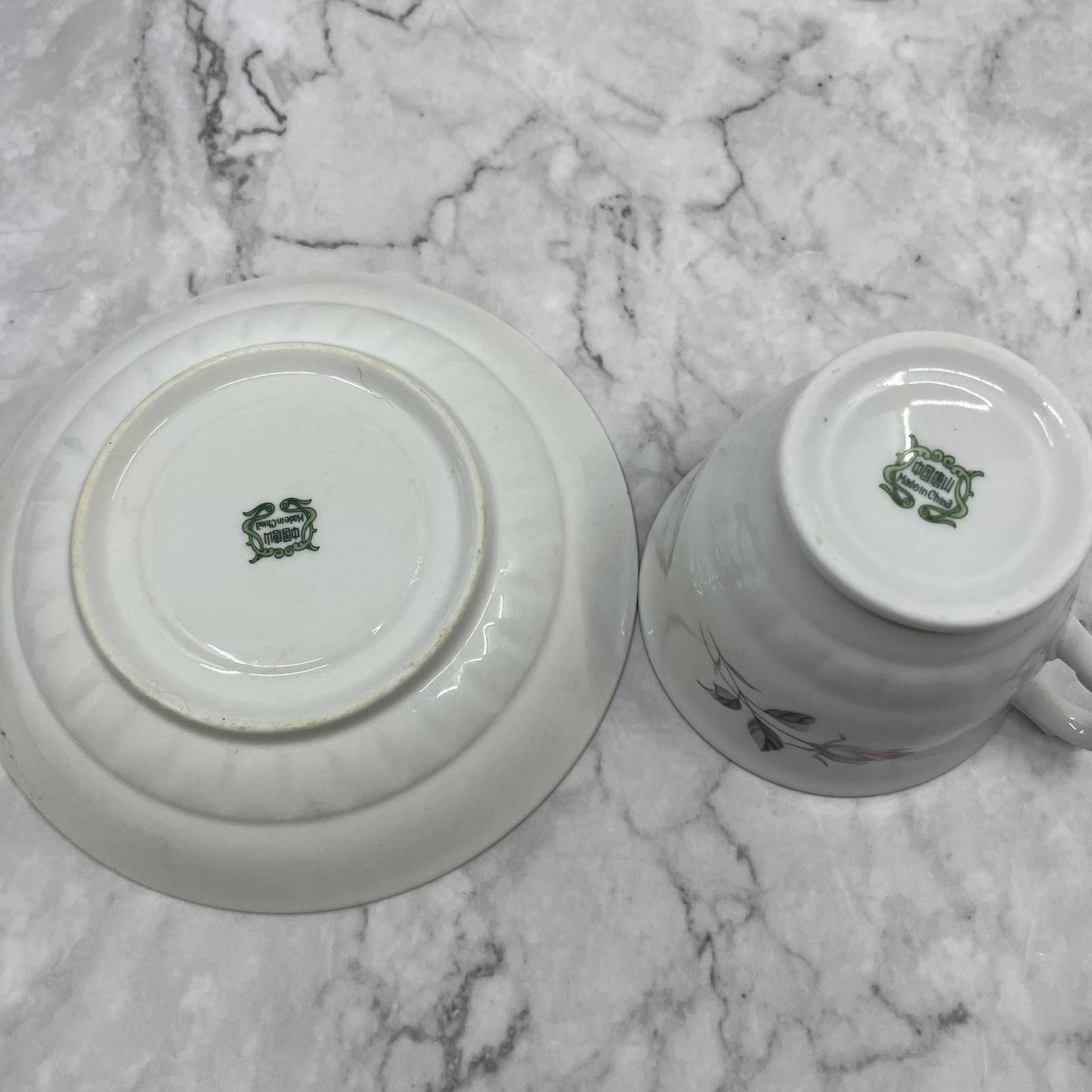 Vintage Pink & White Rosebud & Rose Fine China Cup & Saucer w/ Gray Leaves TD6