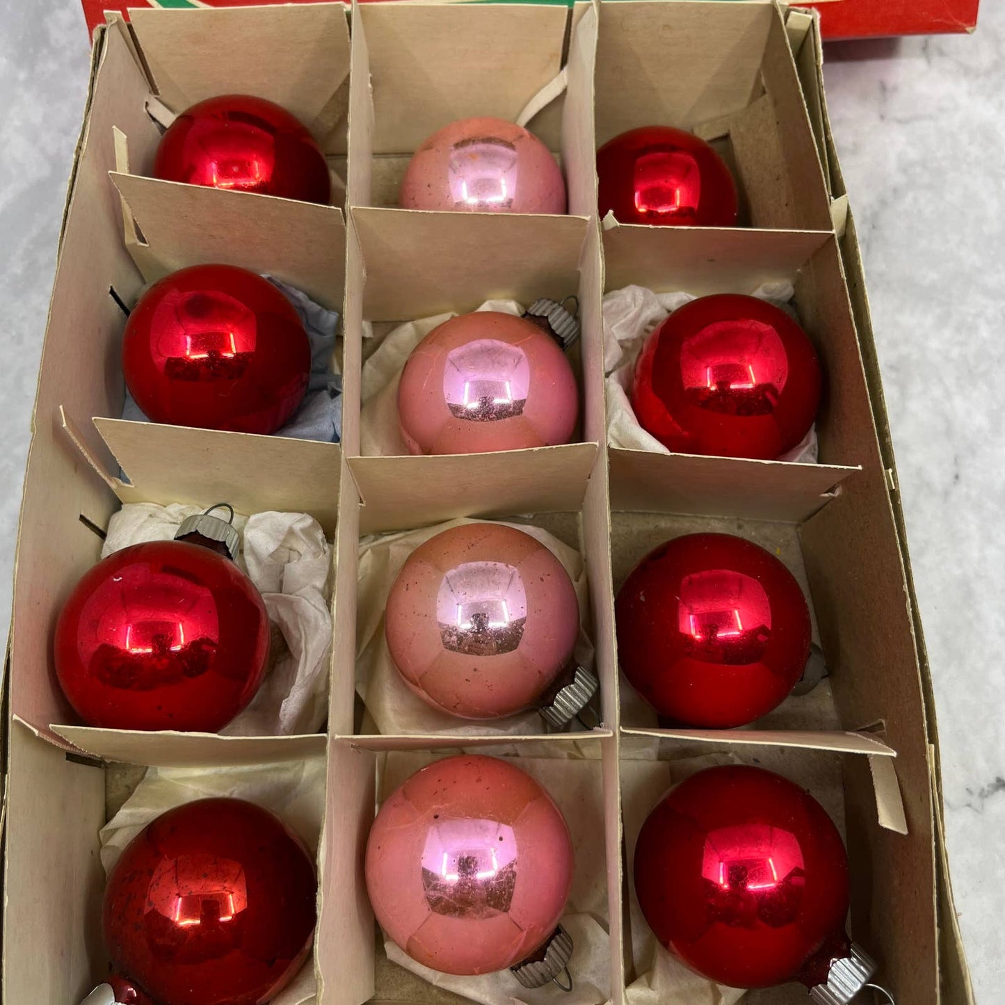 Andes 12 Vintage Mercury Glass Ornaments With Original Box Red Pink 1 7/8"