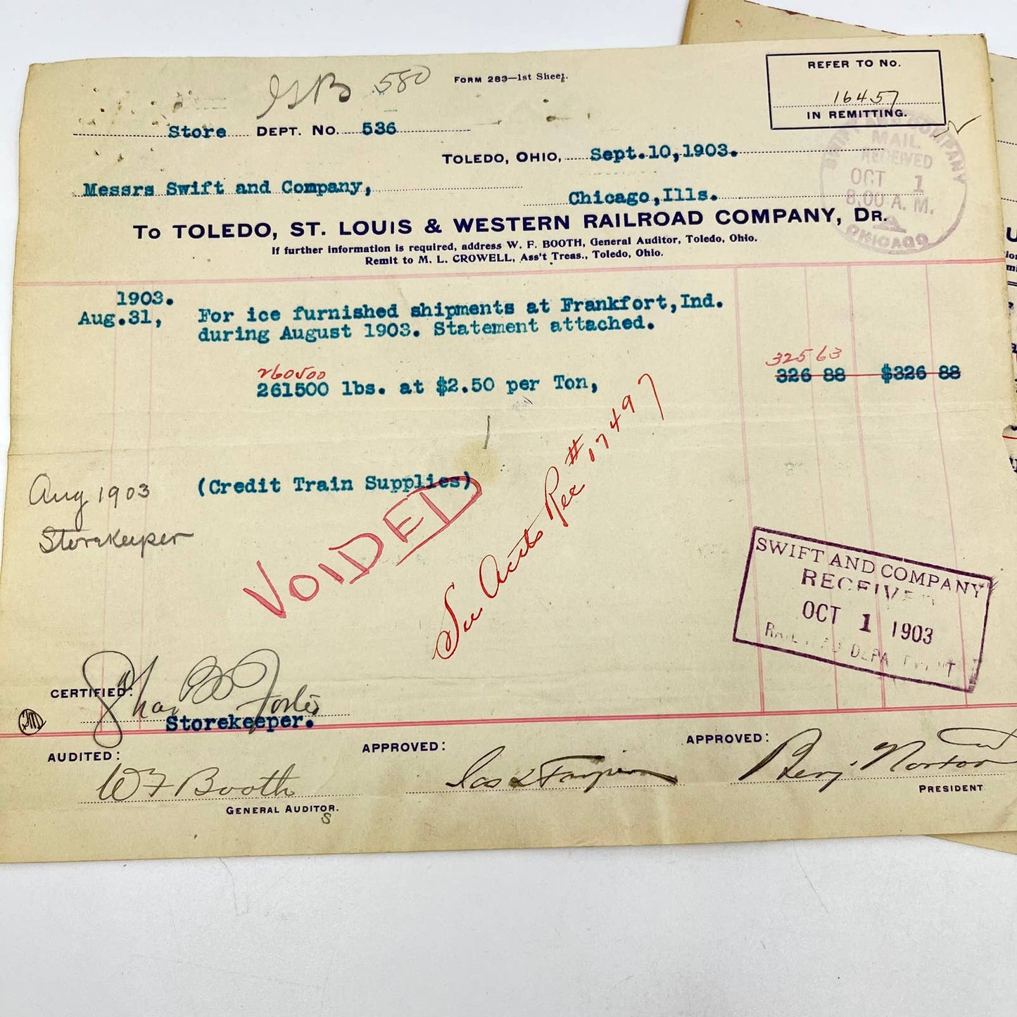1903 Toledo, St. Louis & Western Railroad RR Billhead Receipt Lot of 3 AA9-4