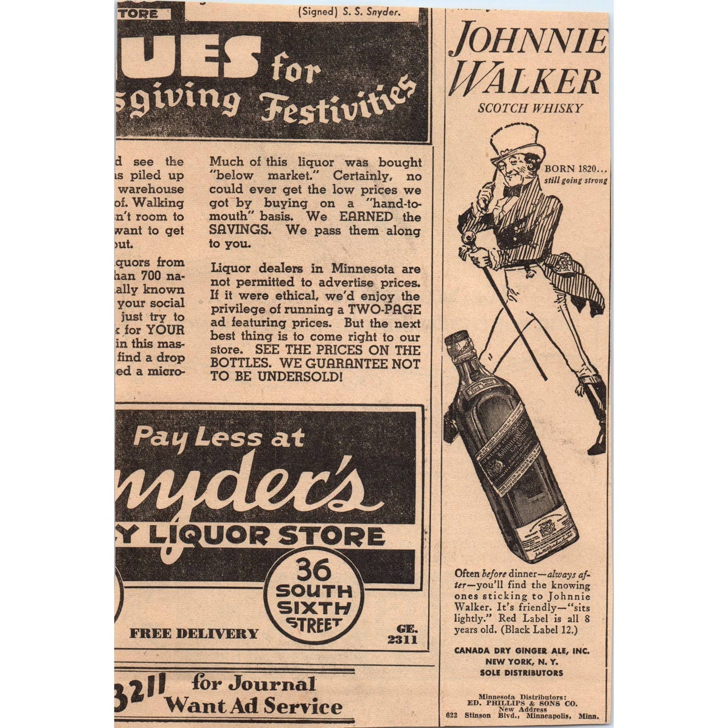 1935 Minneapolis Journal Newspaper Ad Haskell's Wines & Liquors 7th St. FL5-2