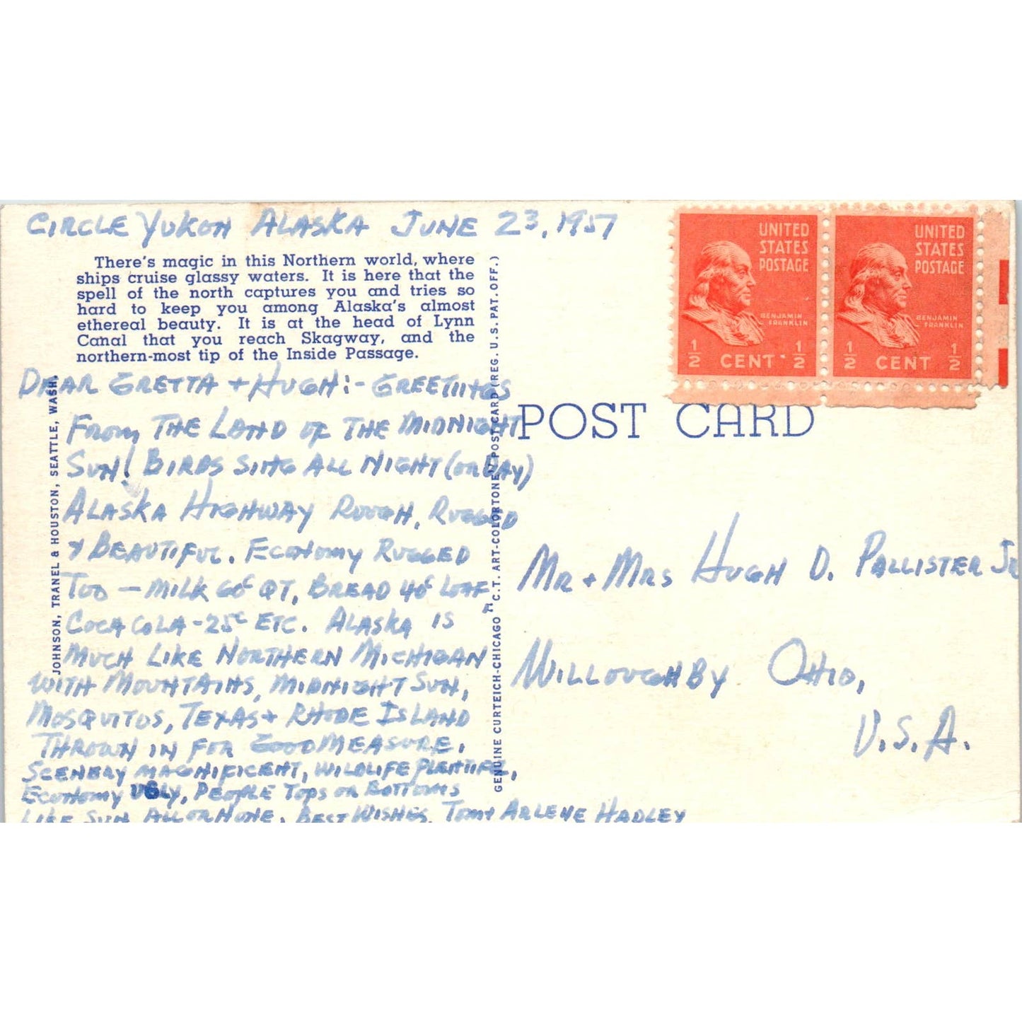 1957 Lynn Canal Inside Passage to Alaska Original Postcard TK1-30