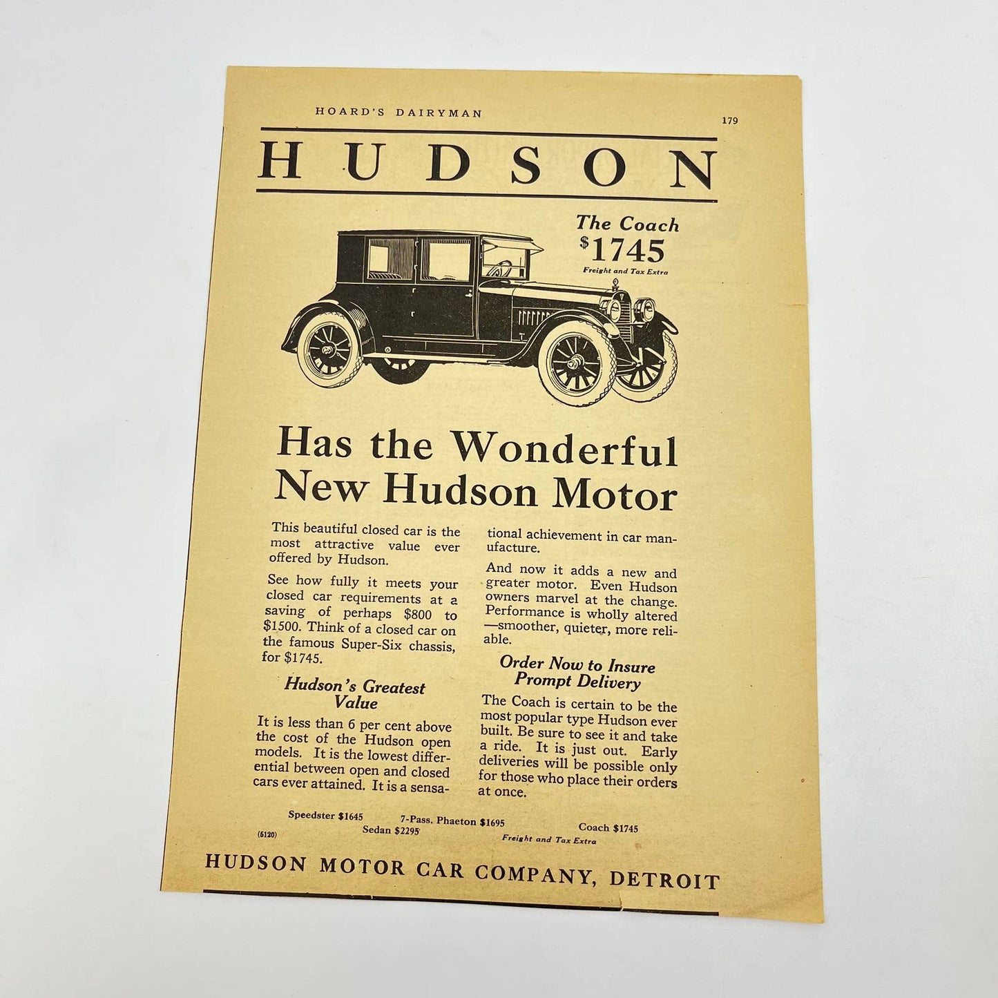 c1920 Hudson Coach Motor Car Automobile Ad Detroit MI AA8