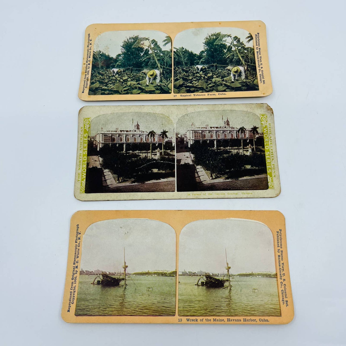 1900 Lot of 3 Cuba Stereoview Cards Havana Wreck of the Maine Tobacco Farm TA7-3