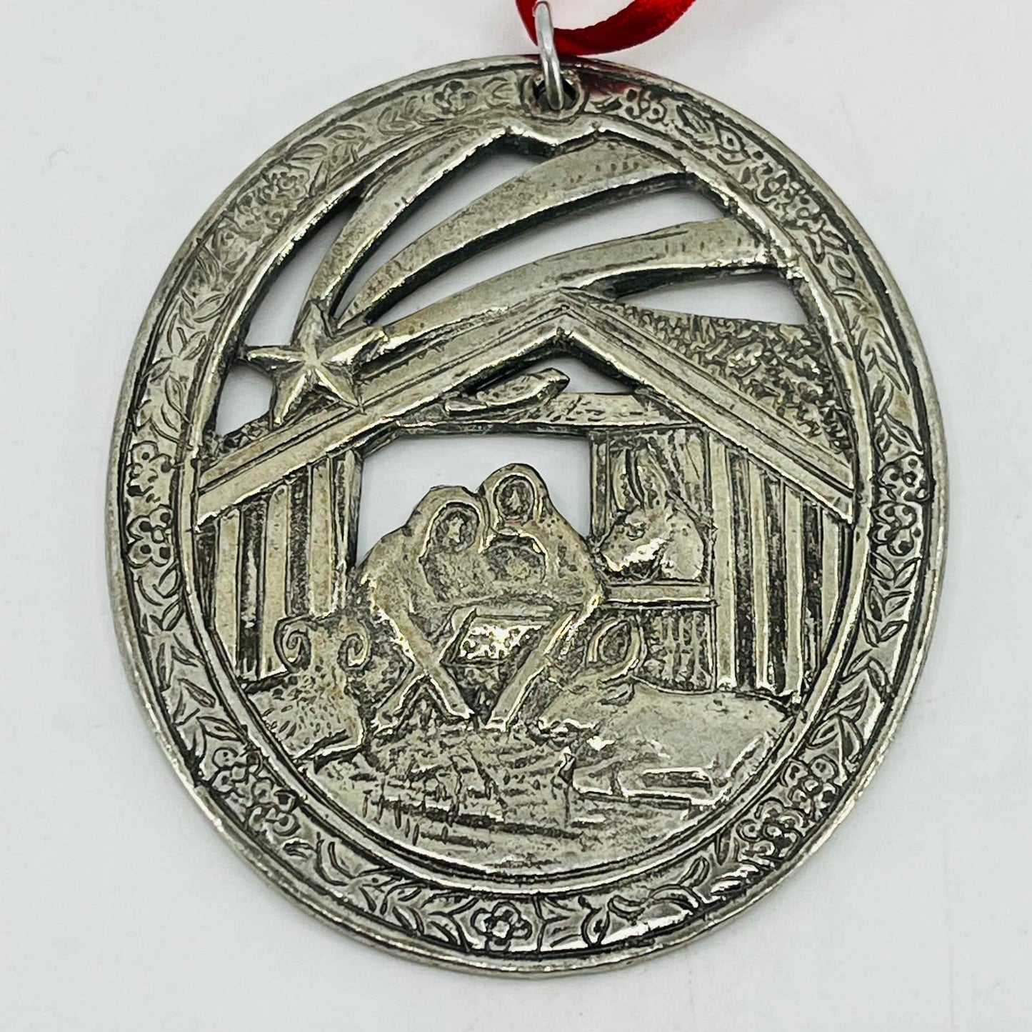 Vintage Nativity Manger Scene Christmas Ornament Norway Pewter Tooled 2” SB5