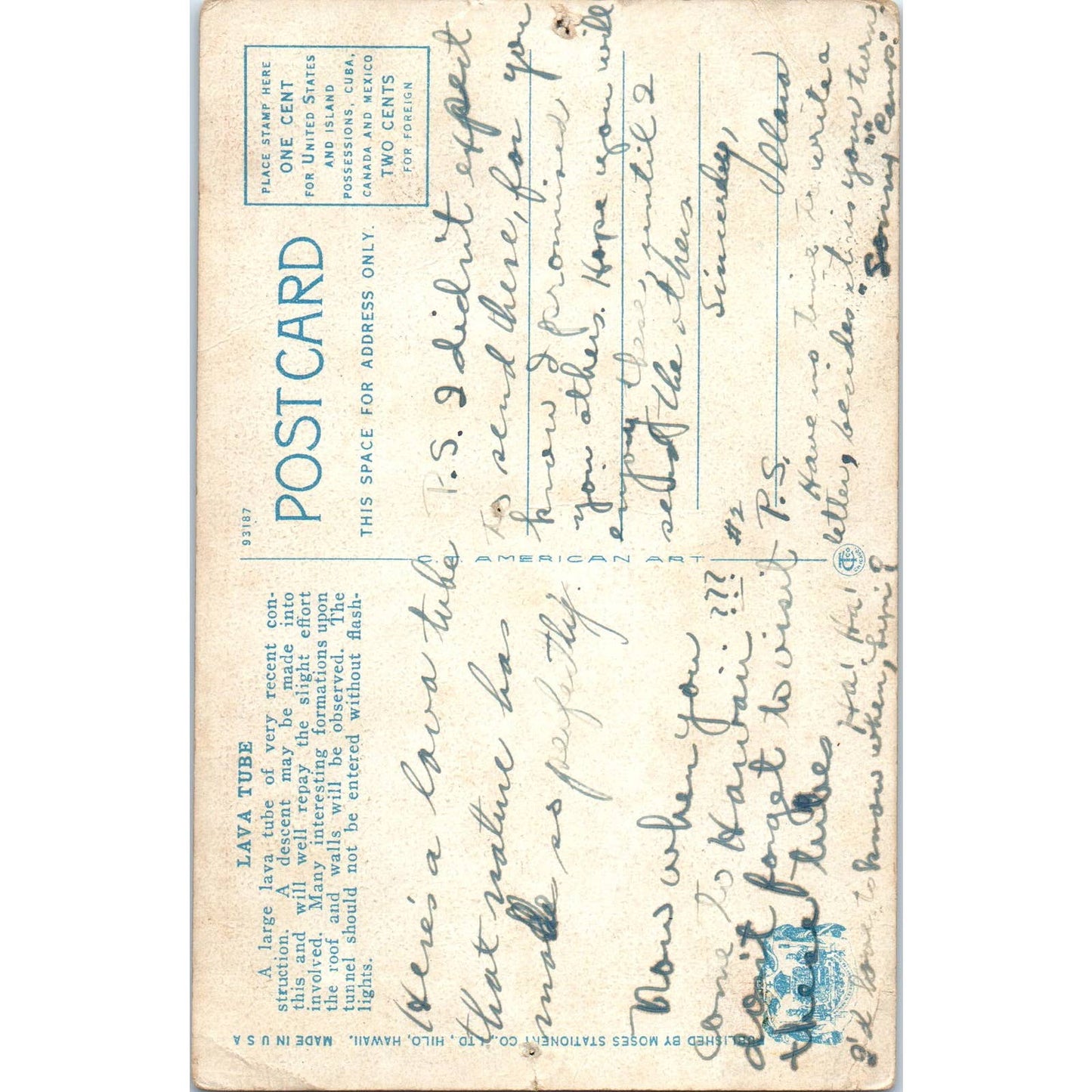 Lava Tube in Hawaii - Original Postcard TJ7-RP3