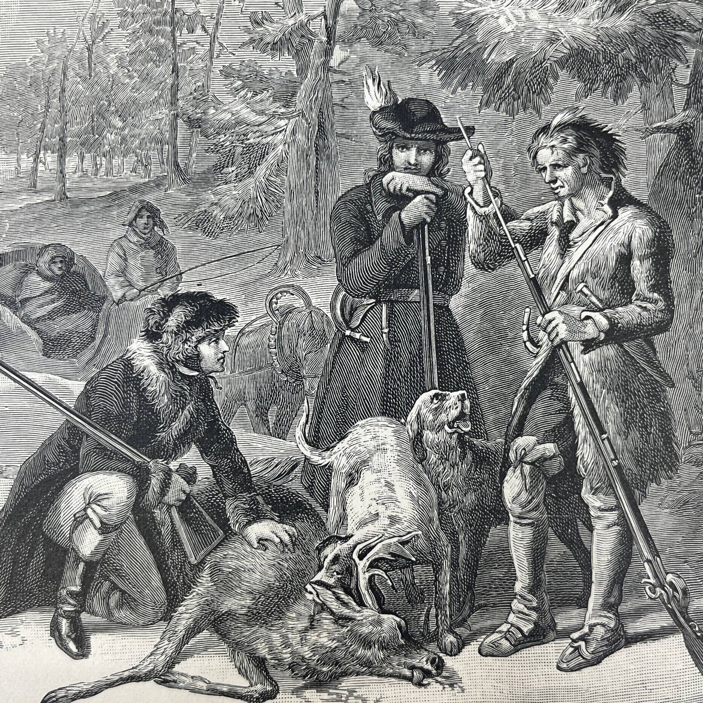 1880s Original Art Engraving - The Pioneers - Colonial Hunting Scene AC8