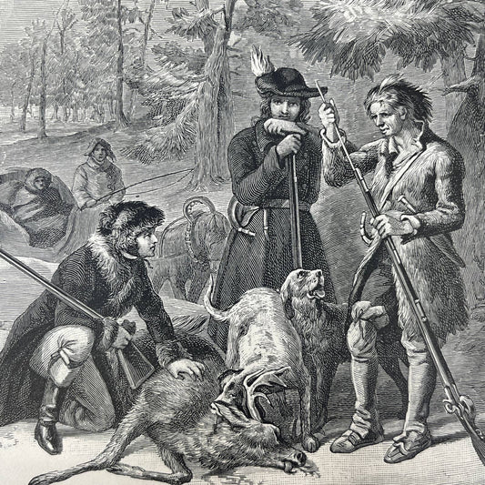 1880s Original Art Engraving - The Pioneers - Colonial Hunting Scene AC8