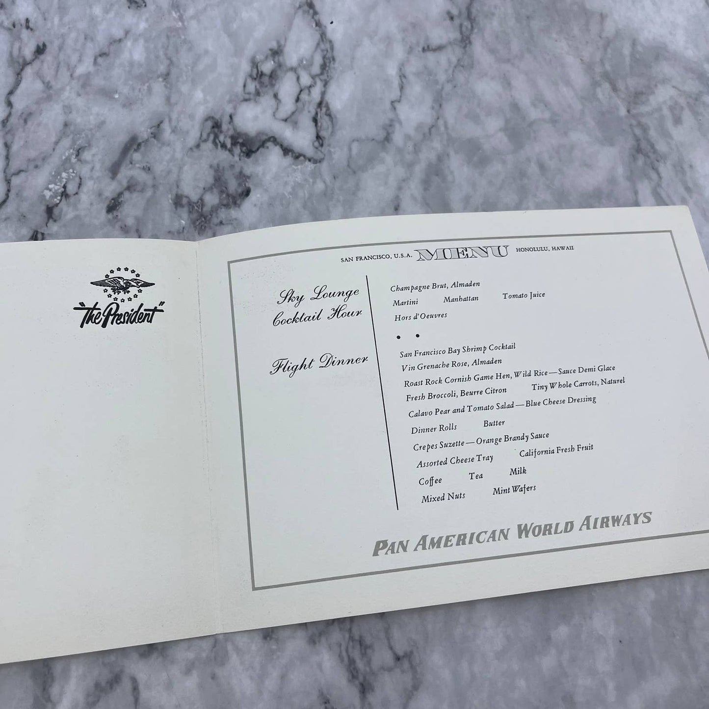 Original Vintage 1950s Pan Am Airlines Hawaii In-Flight Service Dinner Menu TD8