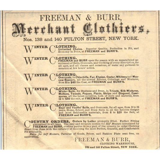 1870s Peterson's Magazine Ad - Freeman & Burr Clothiers Fulton Street NY EA3