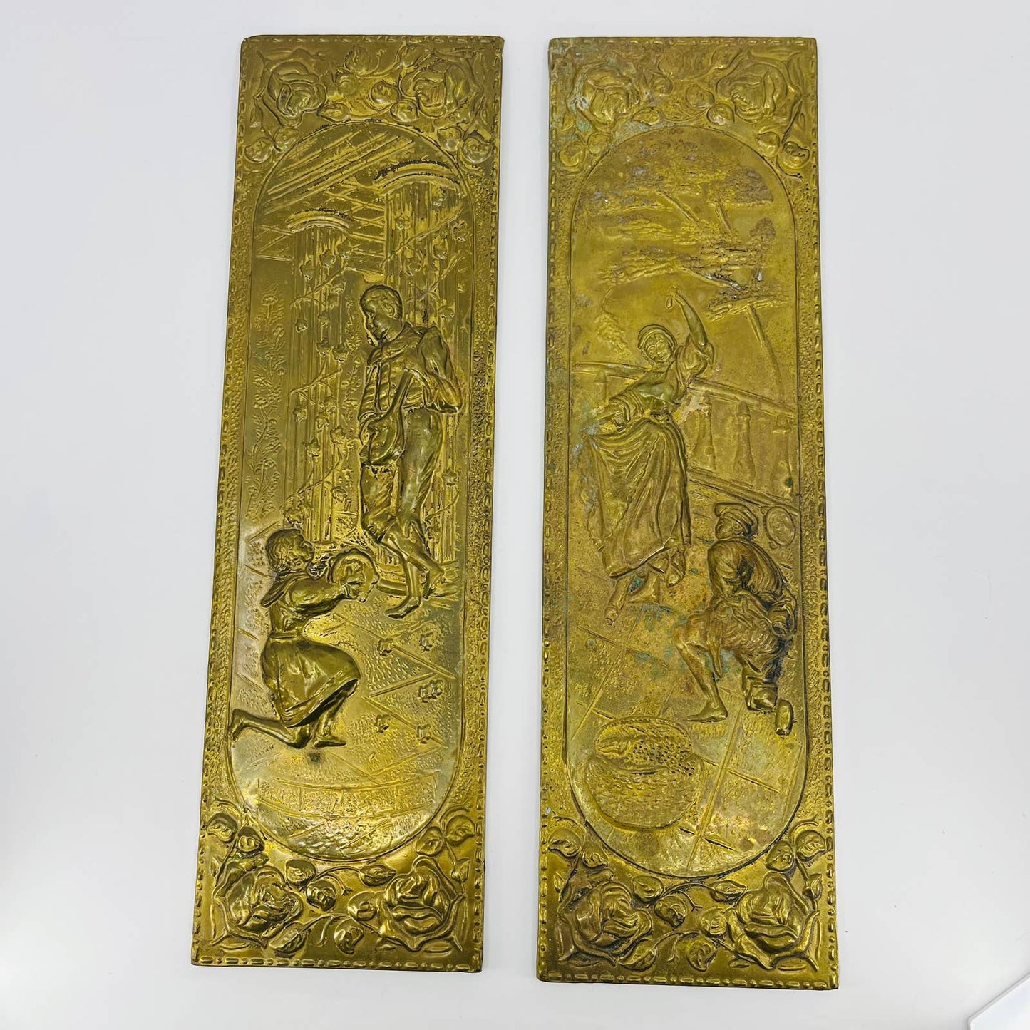 Vtg Elpec England brass relief wall plaques Venetian dancers, musicians 4x14 TD9