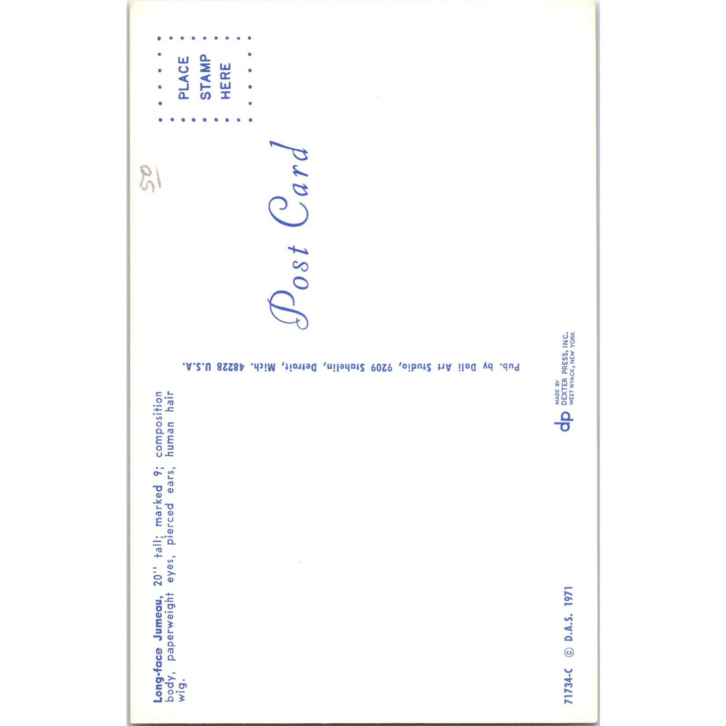 Long-face Jumeau Composition Body Doll Art Studio 1971 Original Postcard PB6
