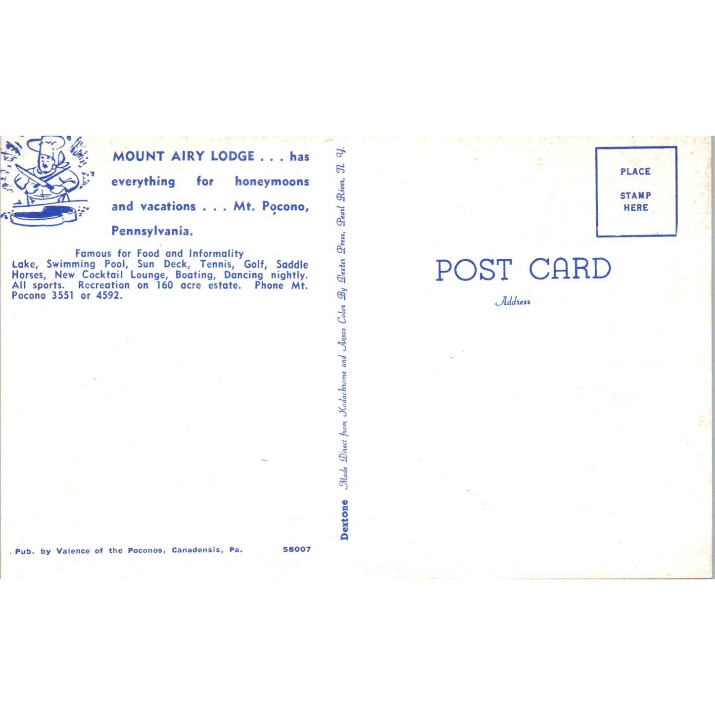 Vintage Postcard Mount Airy Lodge Mt. Pocono PA TD8-P2