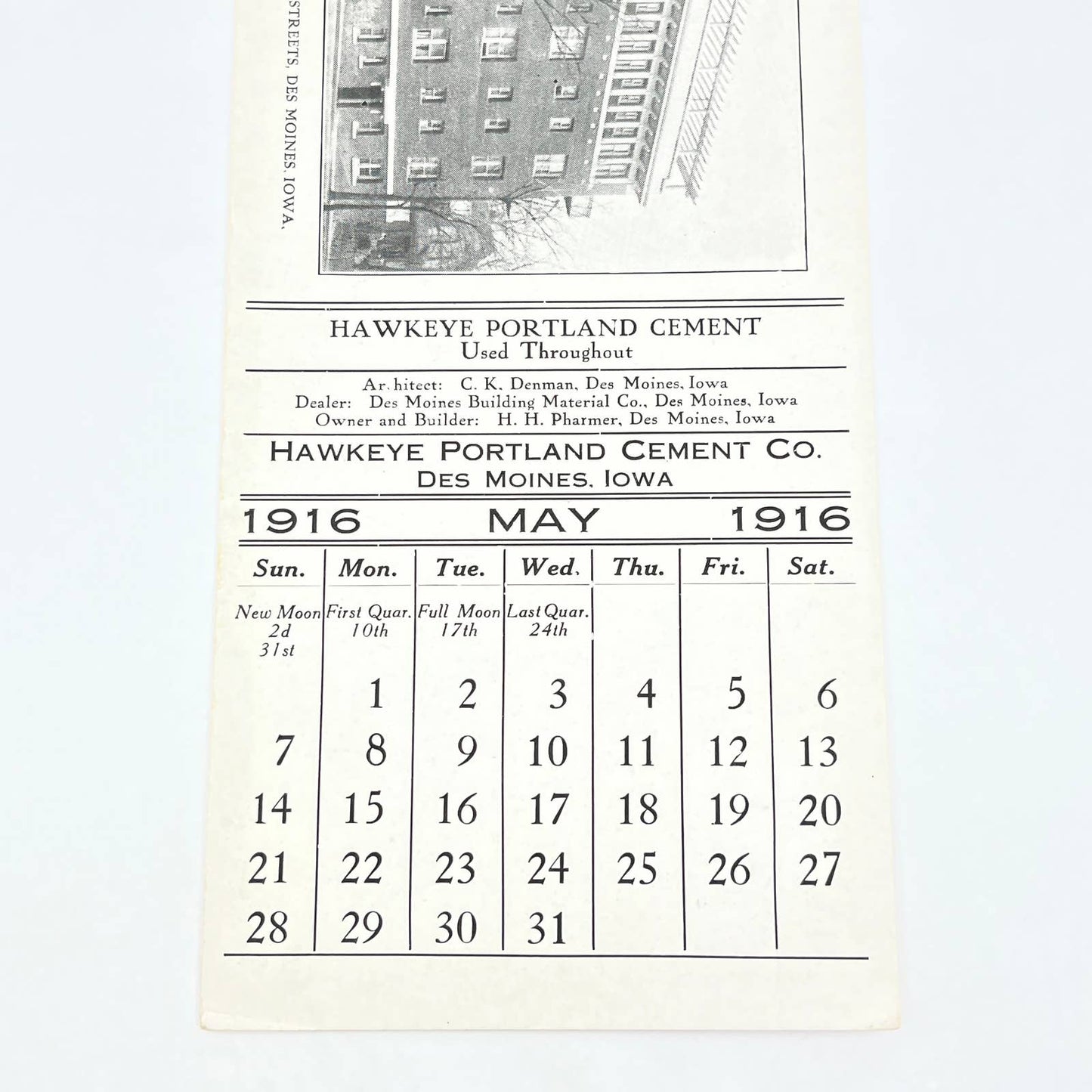 1916 Hawkeye Portland Cement Co Blotter Des Moines IA Coronado Apartments AB8
