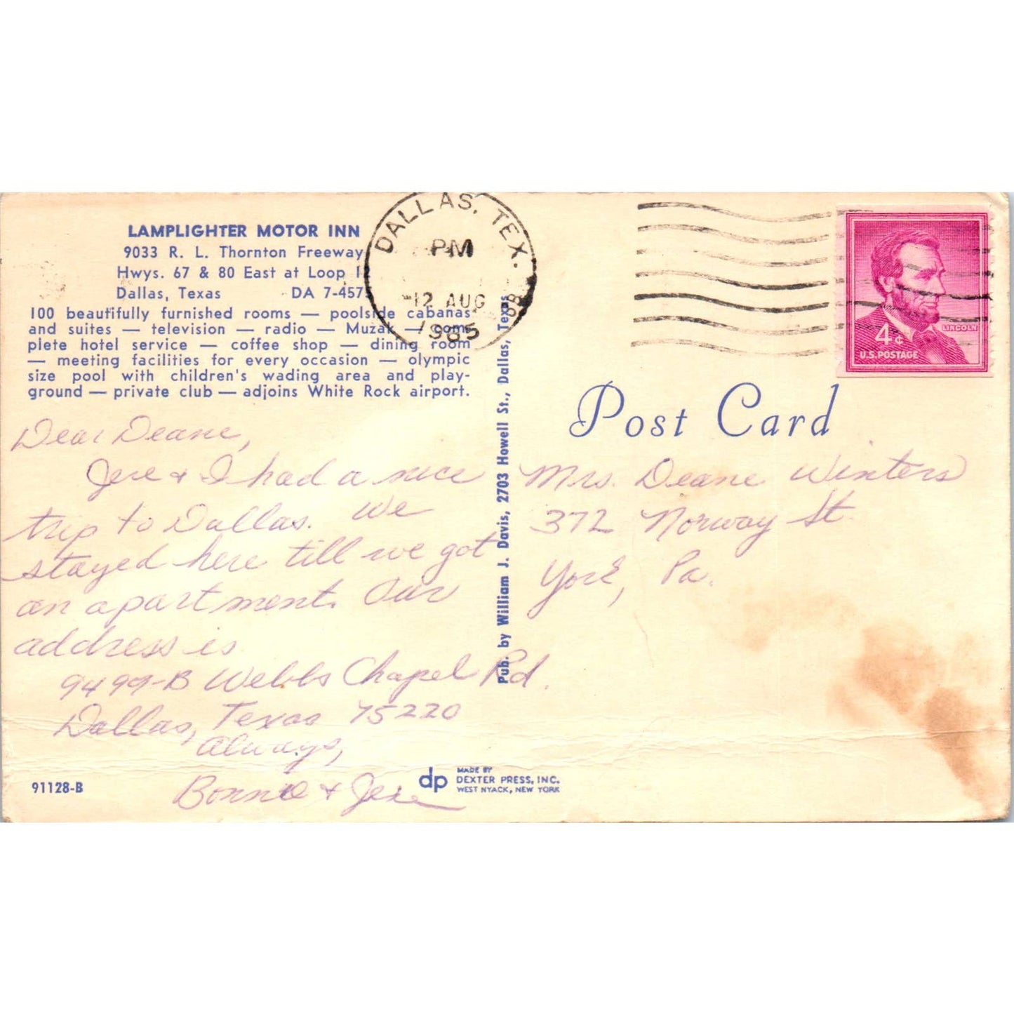 Lamplighter Motor Inn Dallas Texas 1965 - Original Postcard TJ7-RP2