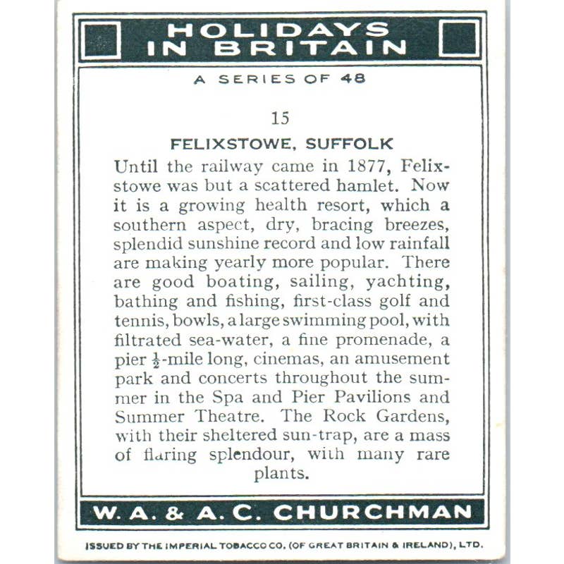 1938 Churchman's Cigarette Card Holidays In Britain 15 Felixstowe Suffolk SE5