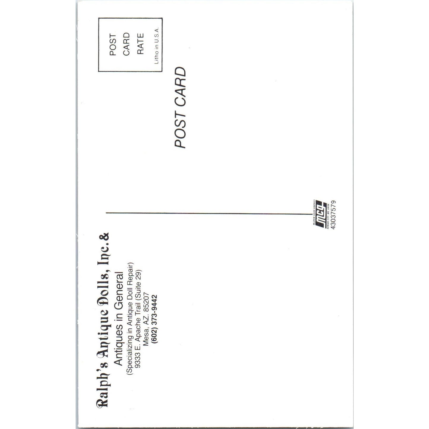 Ralph's Antique Dolls Mesa AZ Original Postcard PB10