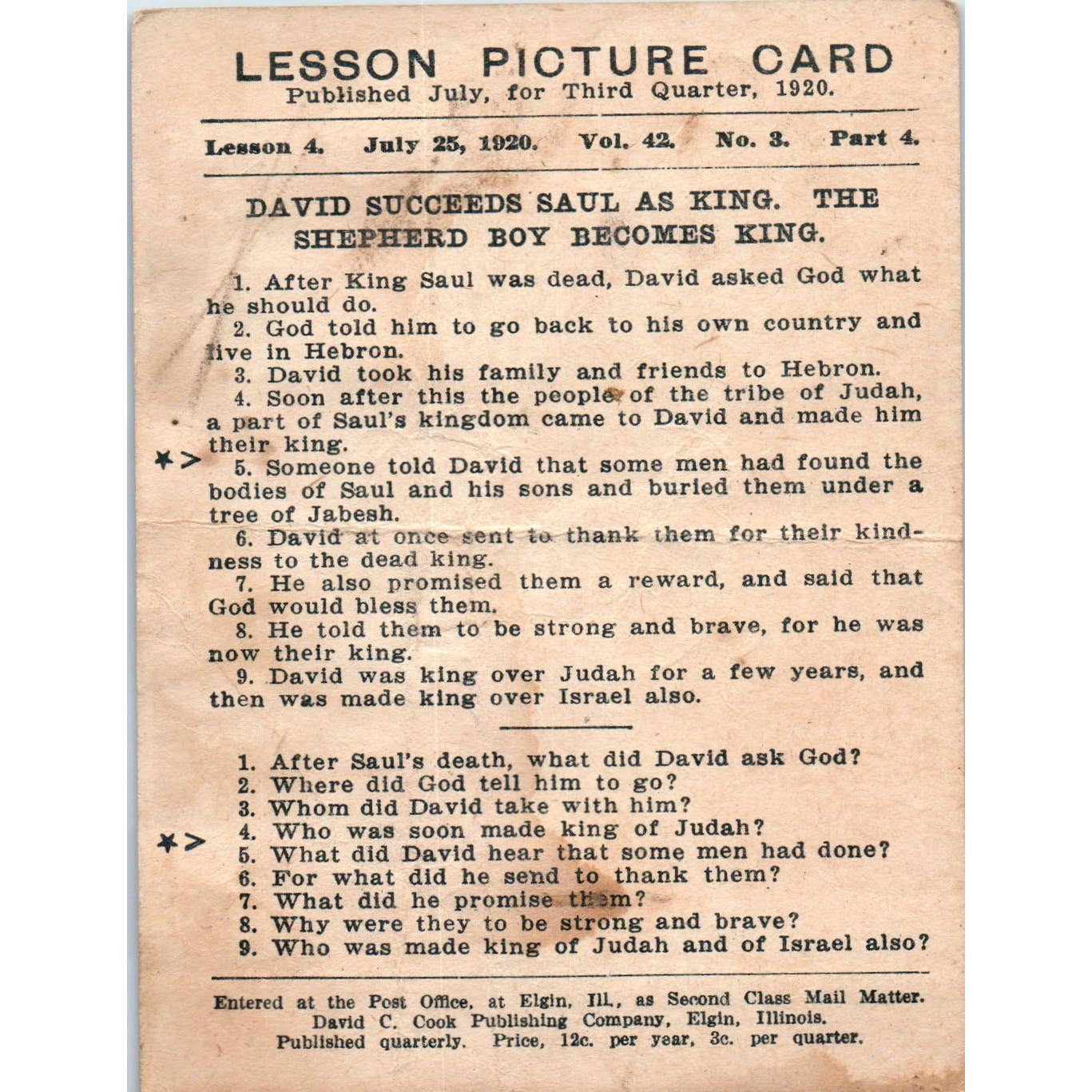 1920 Christian Lesson Picture Card David Succeeds Saul as King SE5