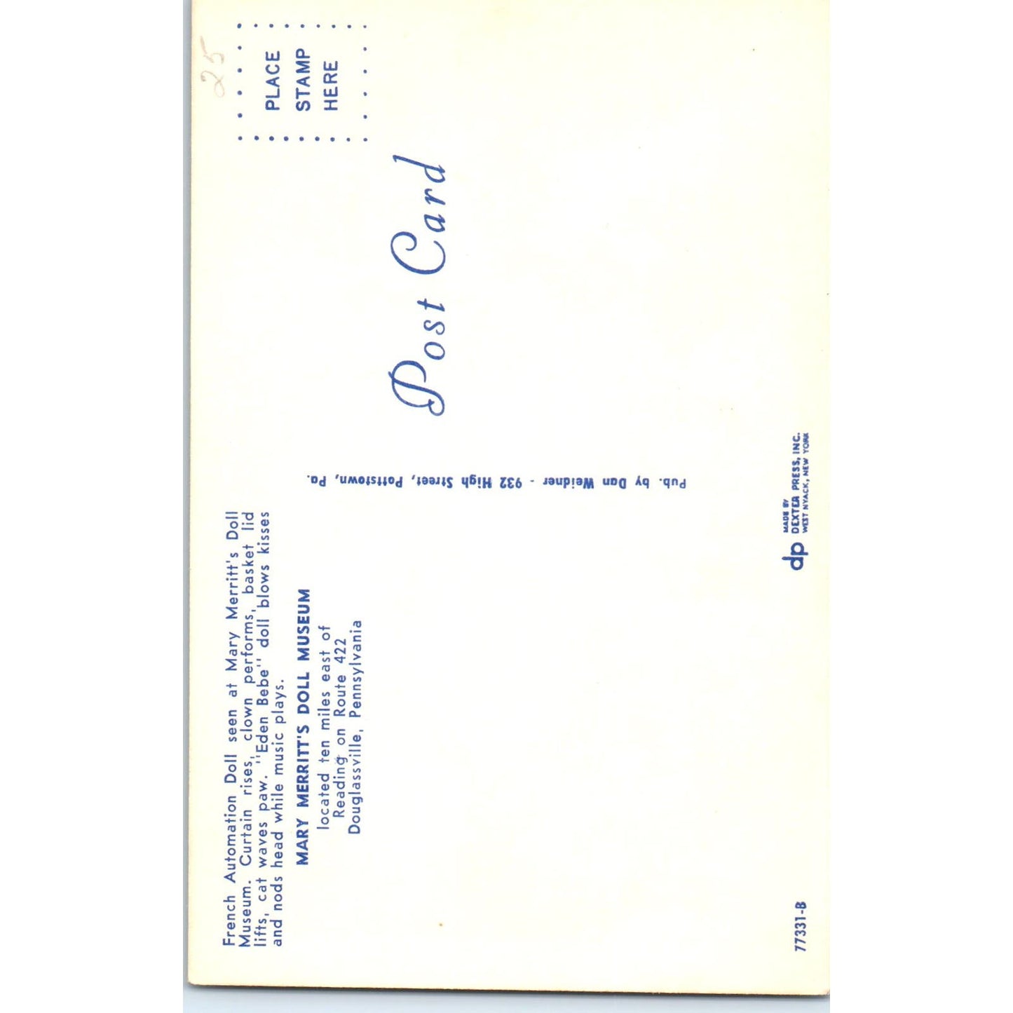 French Automaton Doll Mary Merritt's Doll Museum Original Postcard PB10