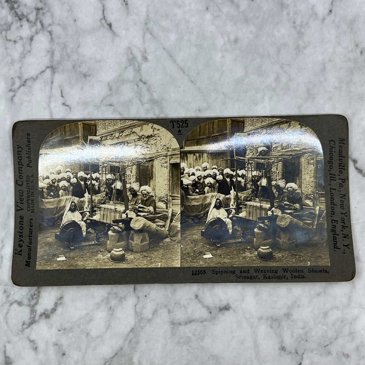 Antique Stereoview Card Spinning & Weaving Woolen Shawls Srinagar India H3-2