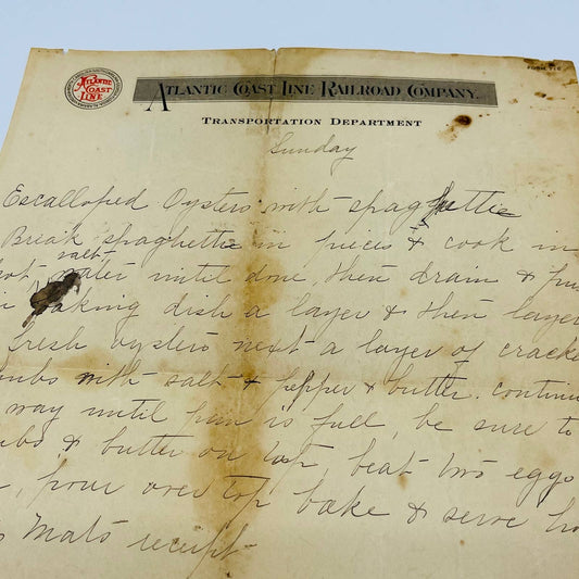 c1900 Atlantic Coast Railroad Company Letterhead Note About Menu AA4