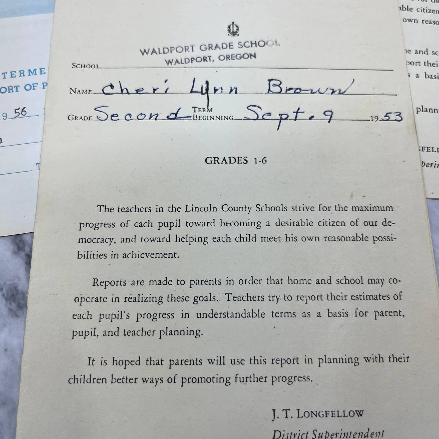 1952-58 Report Card Lot Cheri Lynn Brown Salem Waldport Lincoln County OR EA4