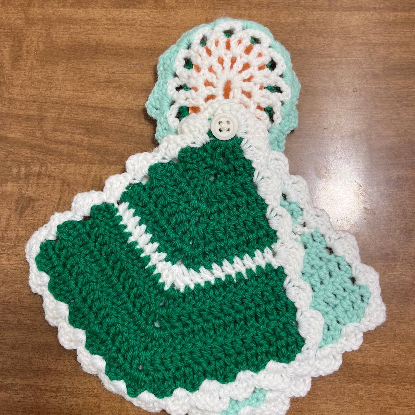 Vintage 1960s Crocheted Plastic Doll Face Pot Holders Green Mint White TH6