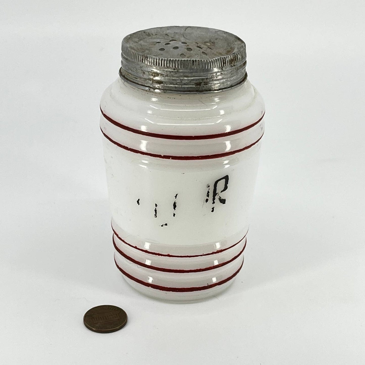 1940s Hazel Atlas Red Stripe Platonite Beehive Flour Shaker Milk Glass 4.5” TD8