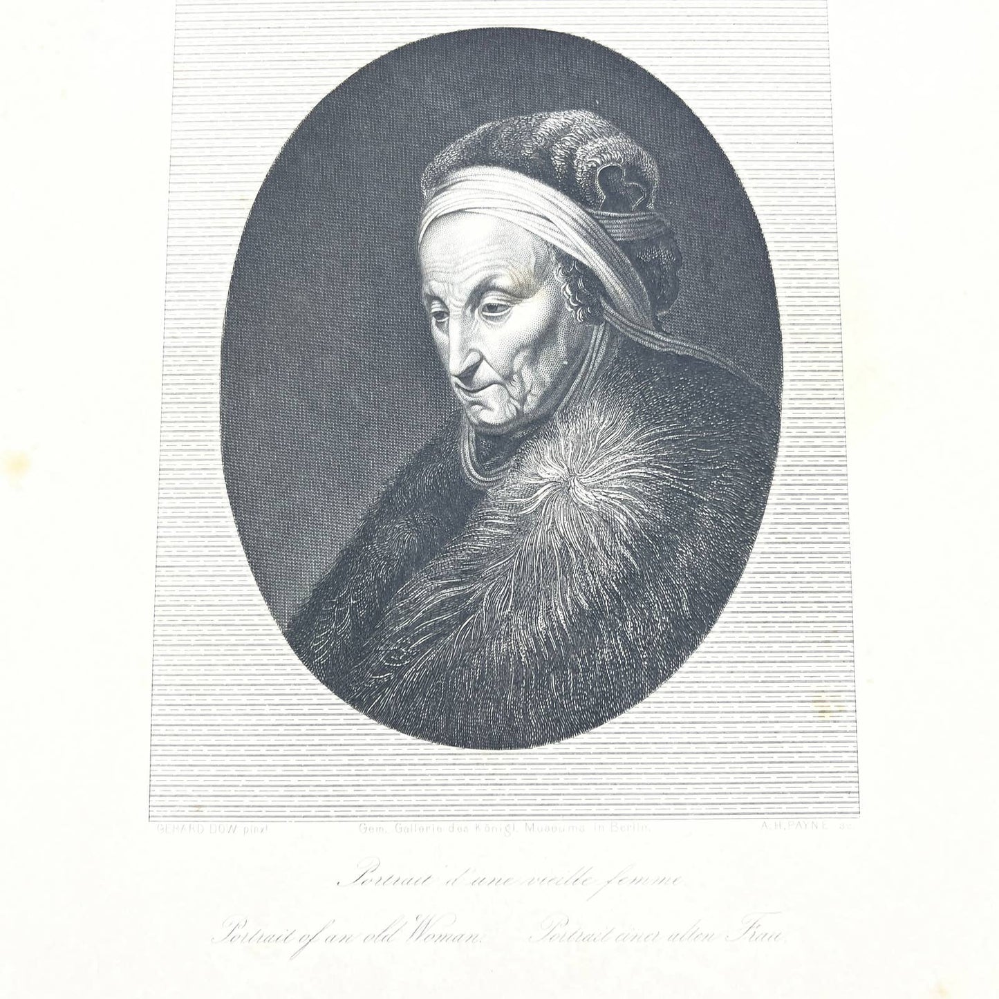 1864 Original Steel Art Engraving - Portrait of an Old Woman Gerard Dow AC3