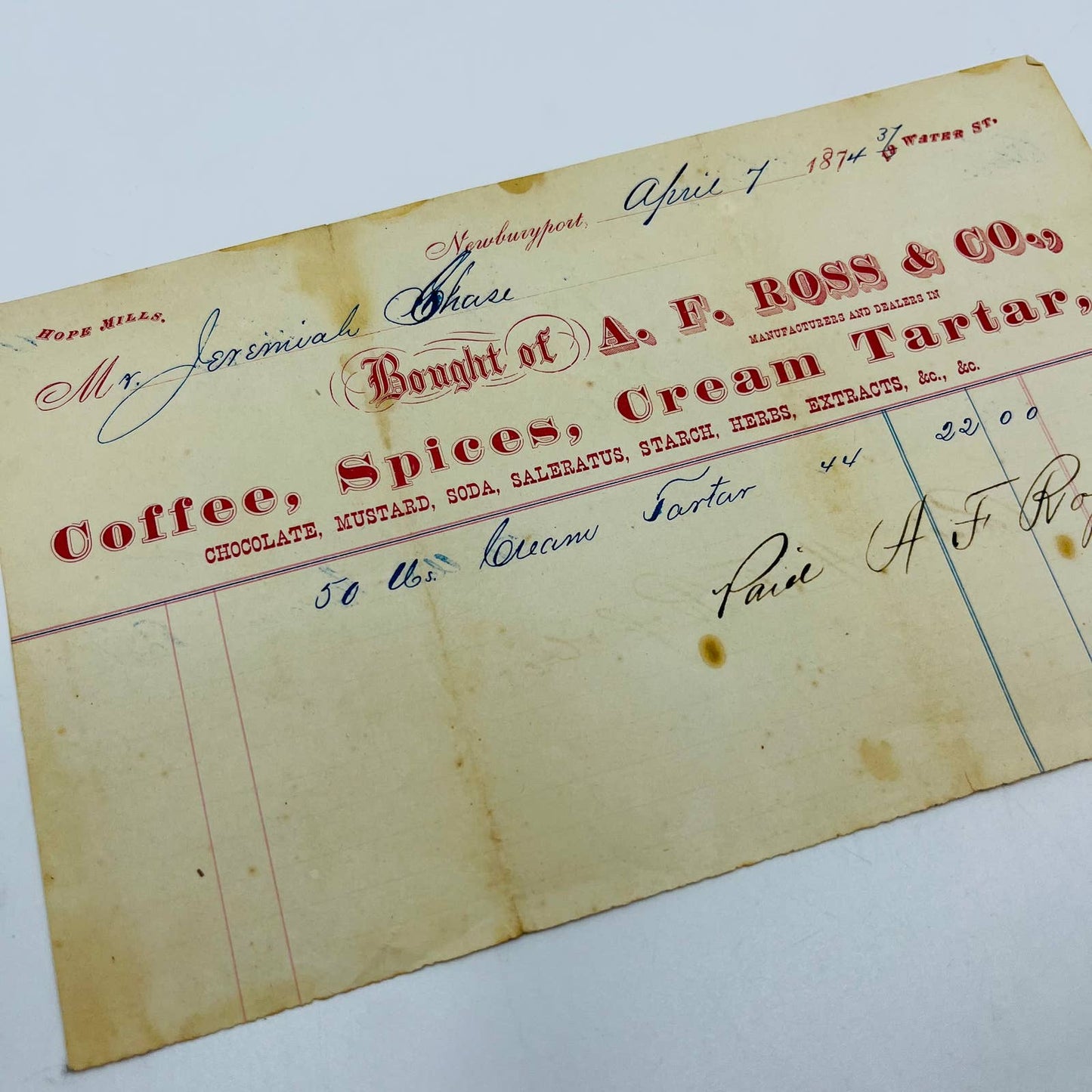1874 AF Ross Co 37 Water St. Newburyport MA Billhead Letterhead Receipt AA4