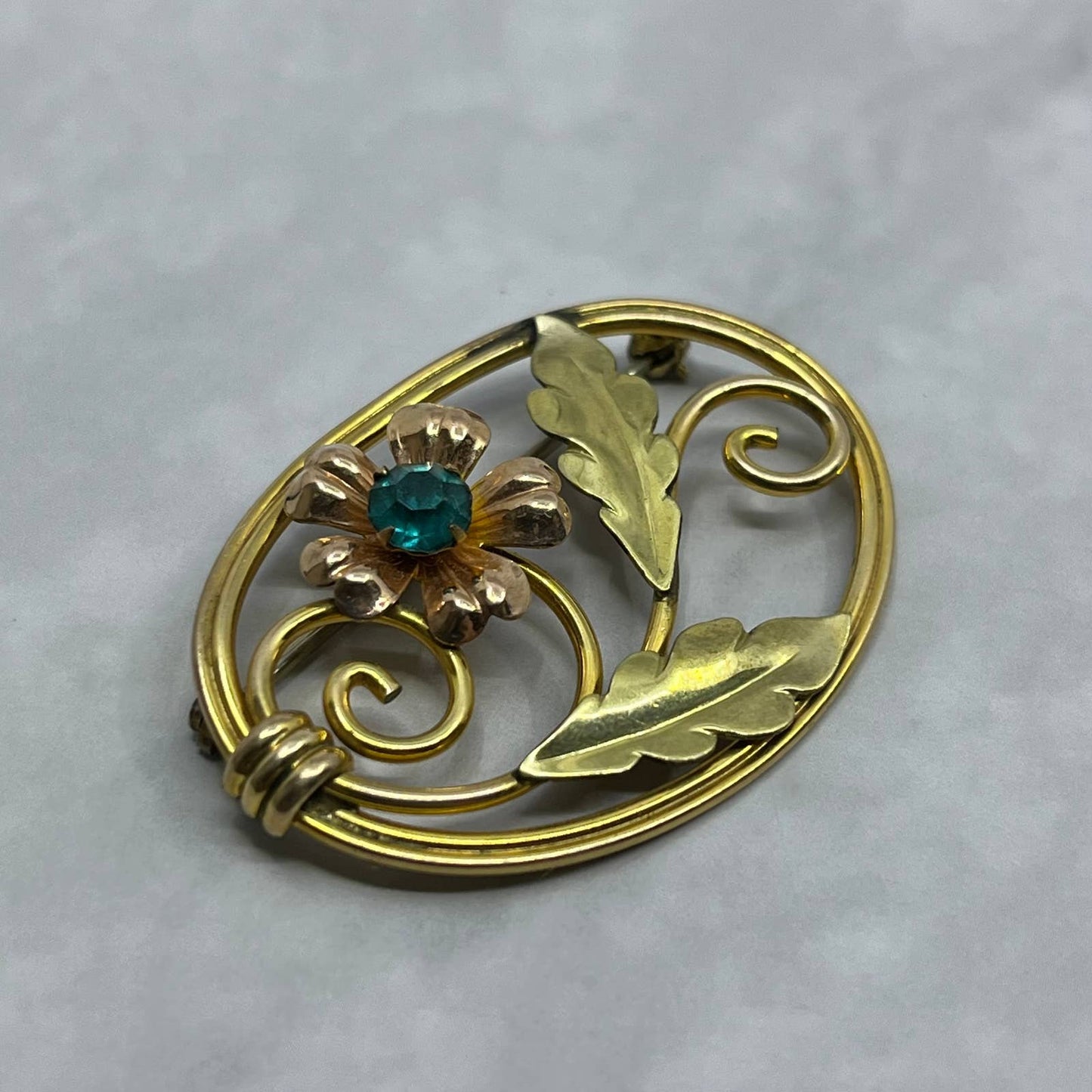 1940s Van Dell Exceptional 12k GF Floral Turquoise Rhinestone Brooch Pin SE6