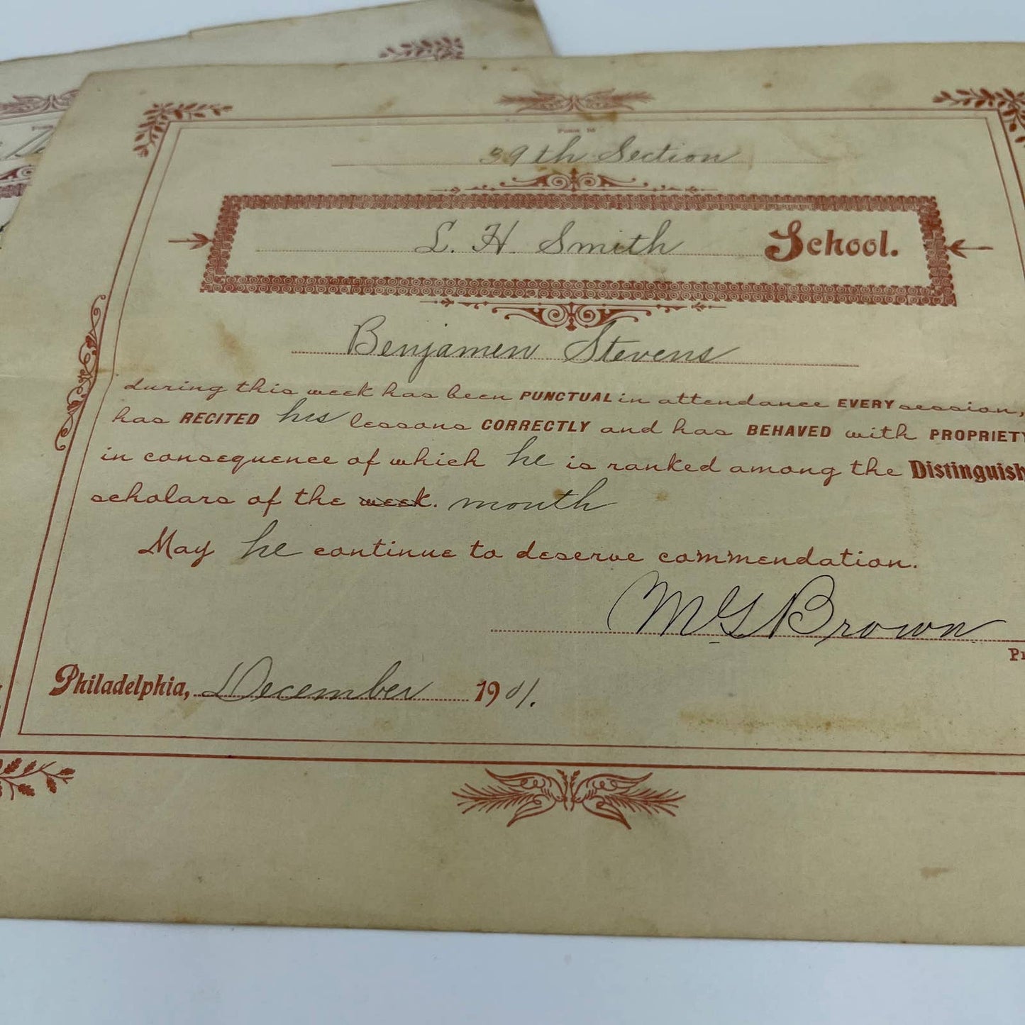 Antique 1901-02 School Commendation Letters L.H. Smith School Philadelphia B6