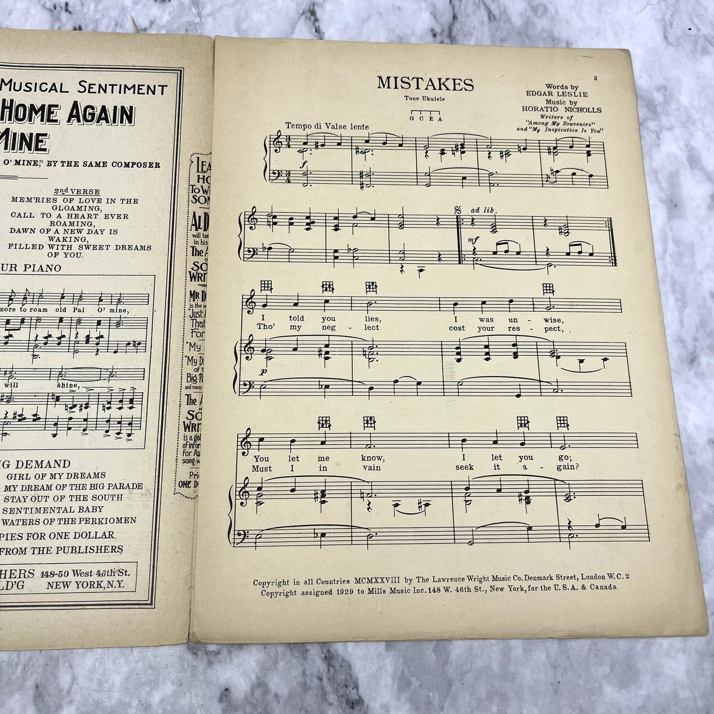 Mistakes Among My Souvenirs Horatio Nicholls 1928 Sheet Music V42-1