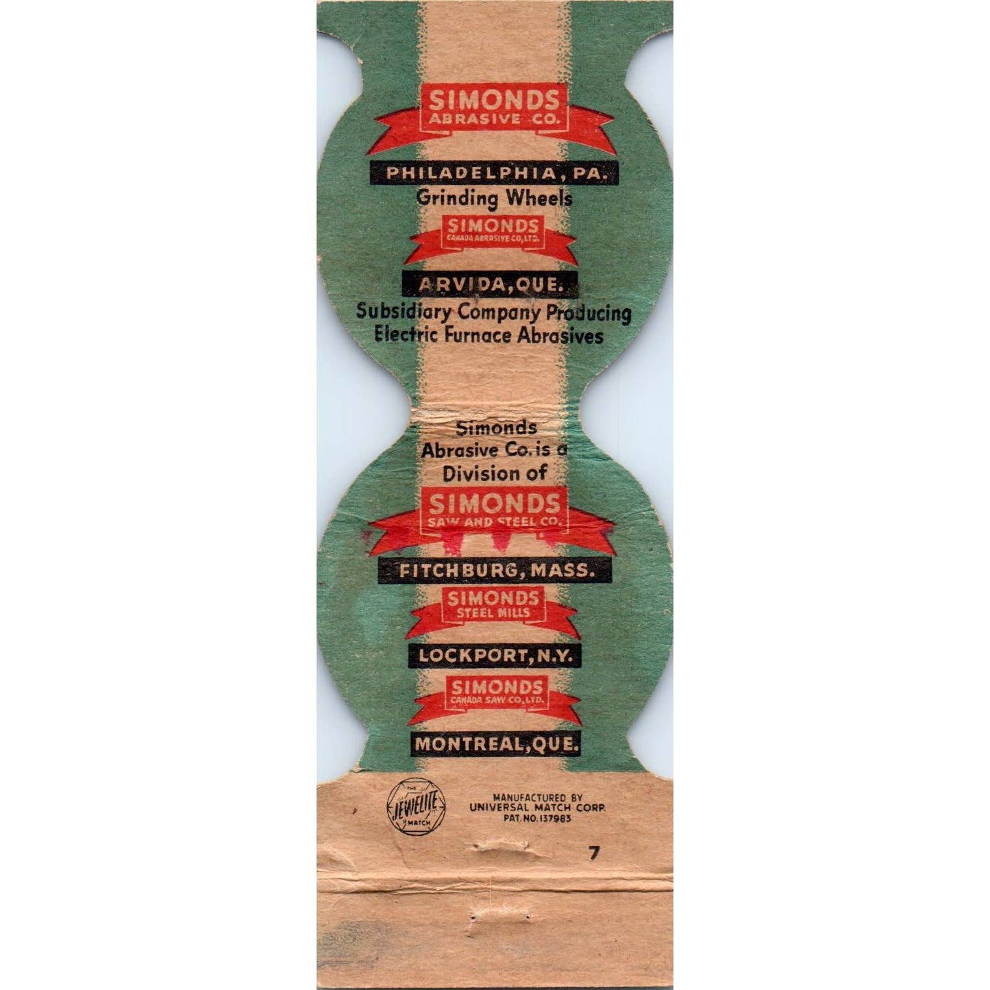 Simonds Abrasive Co Grinding Wheels Philadelphia PA Matchbook Cover SA1-M3