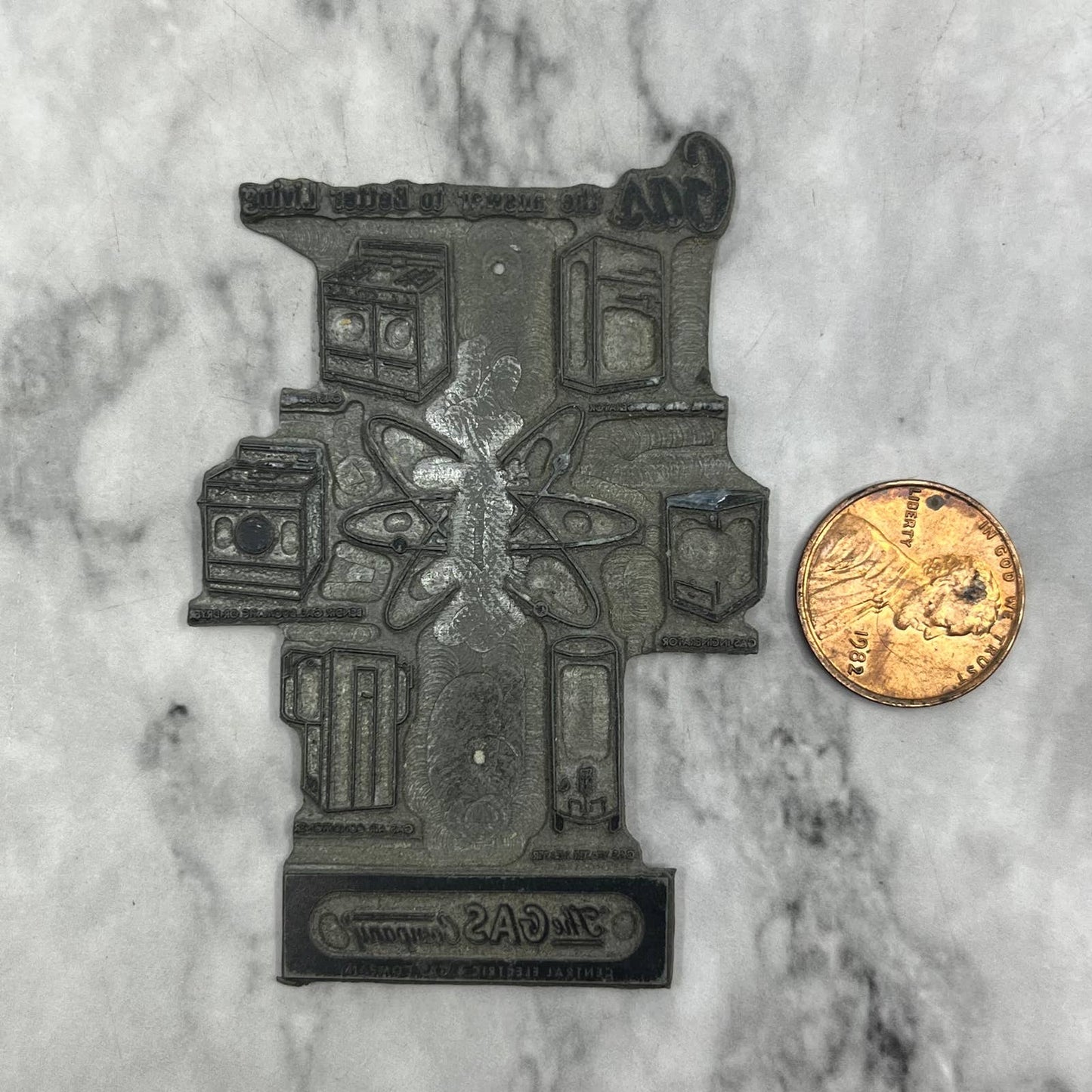 Vintage Printers Block Plate Central Electric Gas Company 1950s Atomic TJ56