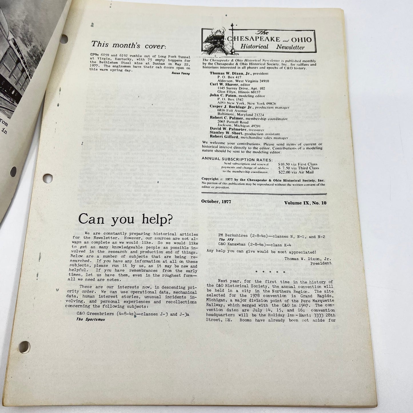 1977 OCT Chesapeake and Ohio Historical Newsletter C&O RR Thomas Dixon WV M1-2